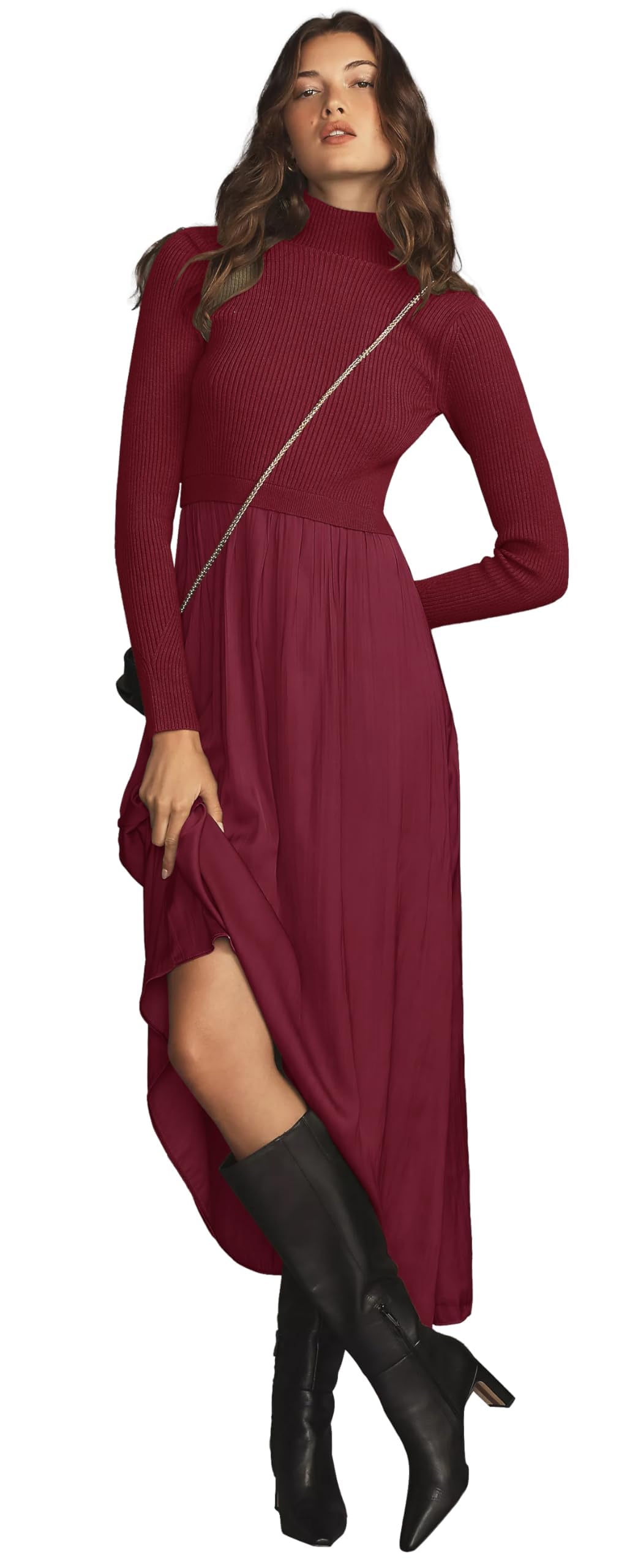 Womens Fall Mock Turtleneck Long Sleeve Ribbed Knit Pullover Tops Fashion Long Maxi Dress