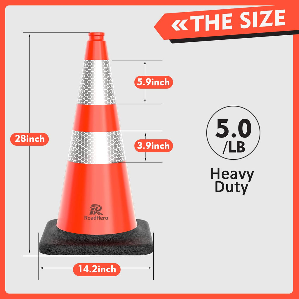 RoadHero 4 Pack Traffic Safety Cones 18 Inch with Black Weighted Base, Plastic PVC Cone, Orange Cones with Reflective Collar, Cones for Parking Lot, Construction Events, Road Safety