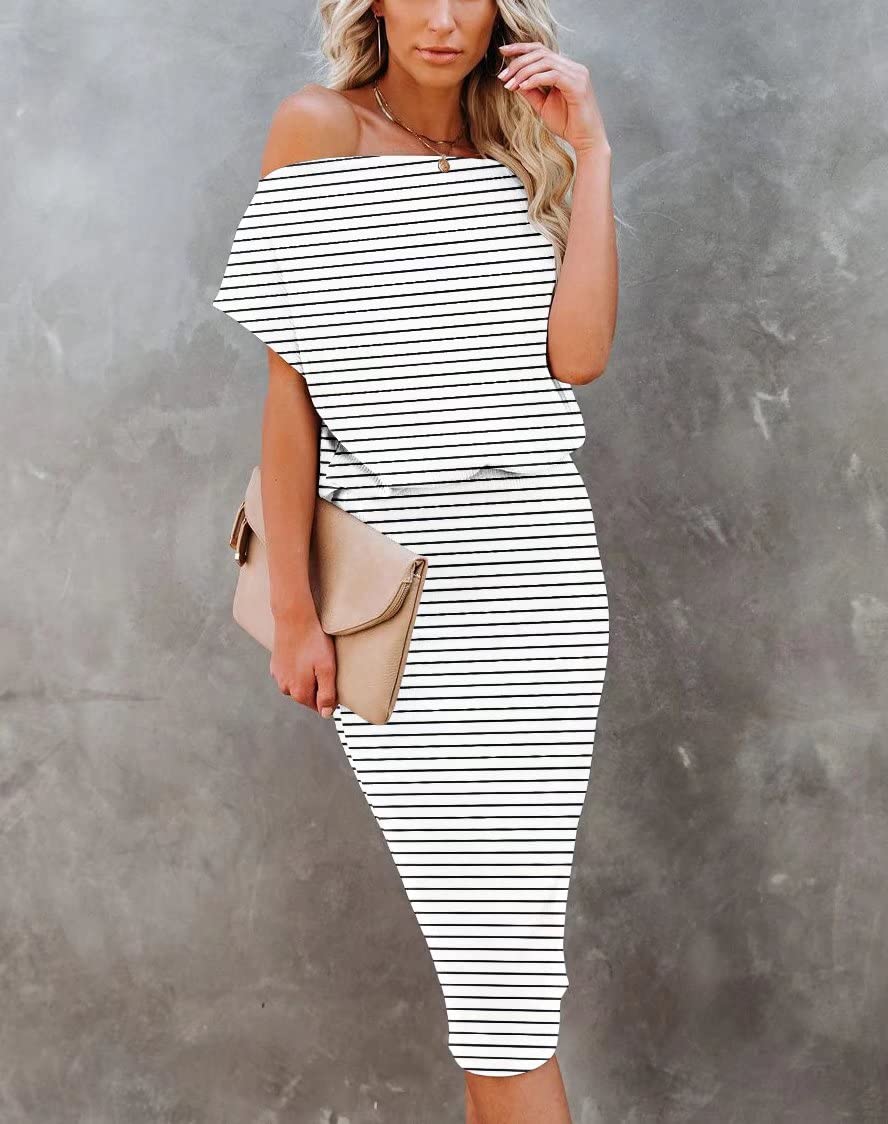 EZBELLE Women's Summer Dress Off The Shoulder Short Sleeve Ribbed Casual Party Bodycon Midi Dresses