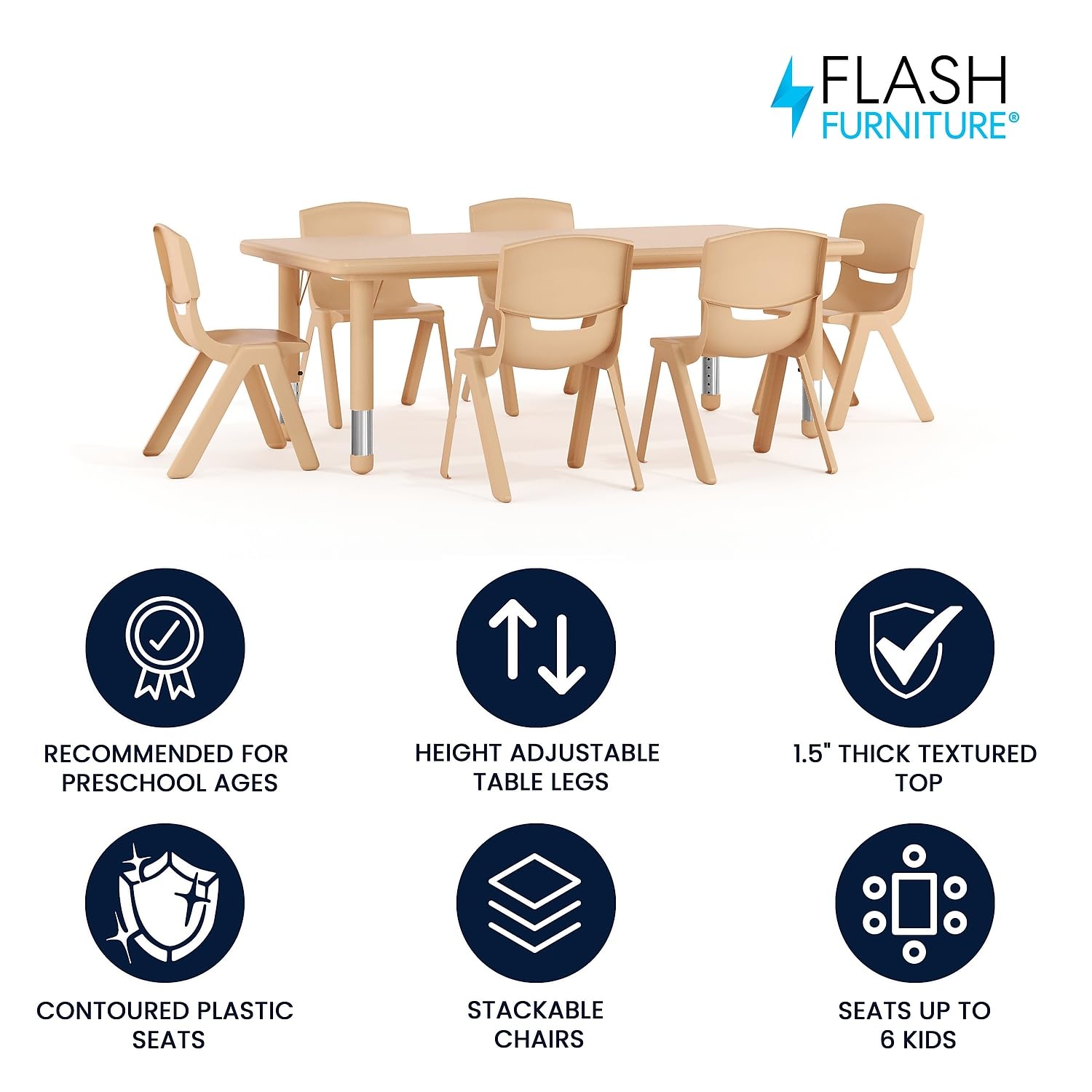 Flash Furniture Emmy 24''W x 48''L Rectangular Green Plastic Height Adjustable Activity Table Set with 6 Chairs