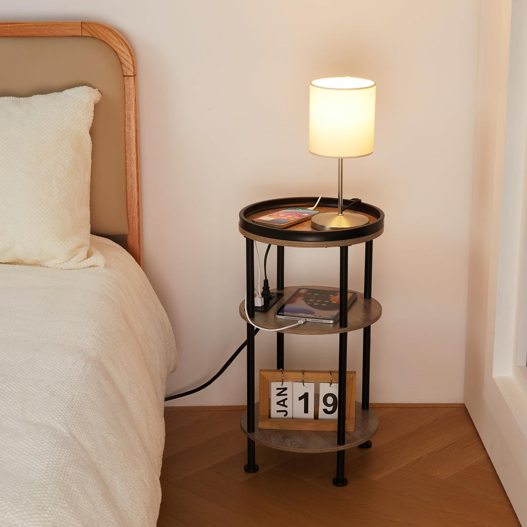 Small Round Side Table with Charging Station for Small Spaces, 3-Tier Accent Table with USB Ports & Power Outlets, Sofa Corner Tea Table for Living Room Nightstand Bedroom Apartment (Black)