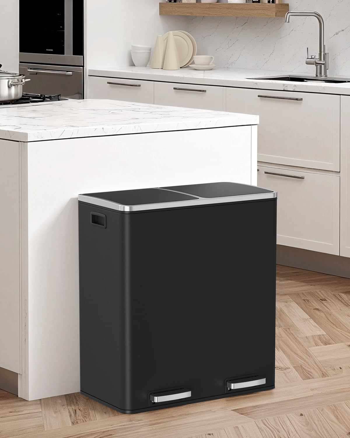 Arlopu Dual Trash Can, 2 x 8 Gallon (2 x 30 L) Hands-Free Trash and Recycle Bin Combo, Stainless Steel Kitchen Garbage Can with Soft-Close Lid, Removable Inner Buckets, Step Pedal, Airtight (Black)