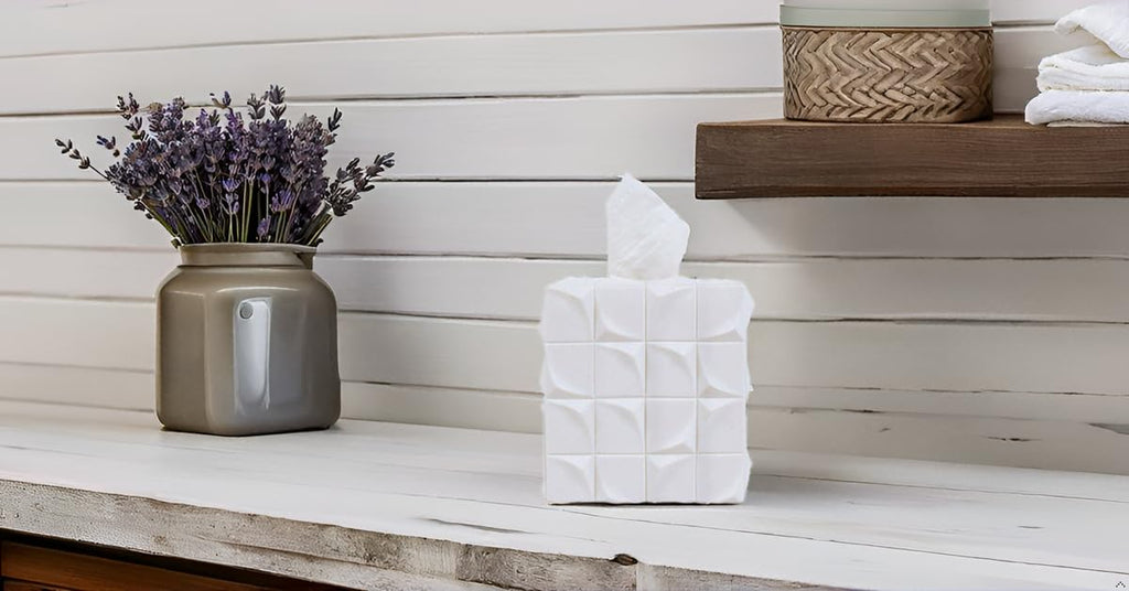 Hymmah Square Tissue Box Cover Holder with Tray,Unique Cube Design Tissue Dispenser Cover Decor for Vanity Counter Tops Also Great for Bedroom and Living Room