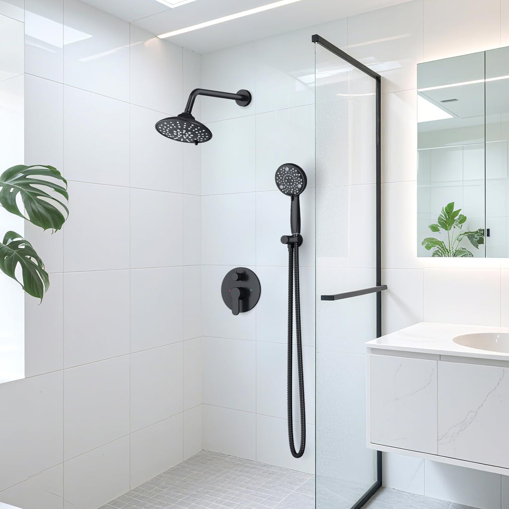 EMBATHER Shower Faucets Sets Complete, with 3 Setting High Pressure Shower Head Combo, Bathroom Wall Mounted Rainfall Shower System Fixtures with 8-Mode Handheld Spray, Brushed Nickel