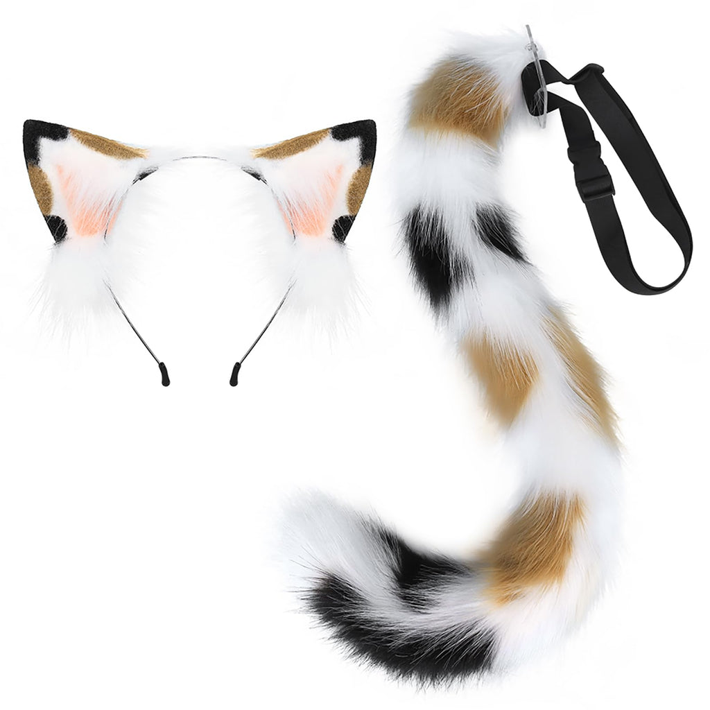 QinRuan Animal Cosplay Costume Accessories Furry Faux Fur Cat Ears Headband and Fox Tail Set Halloween Accessory