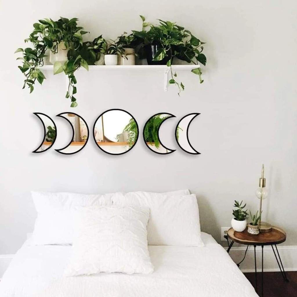 Scandinavian Decor 5-Piece Acrylic Wall Decor - Wooden Moon Phase Mirror, Bohemian Design for Living Room, Bedroom - Beige