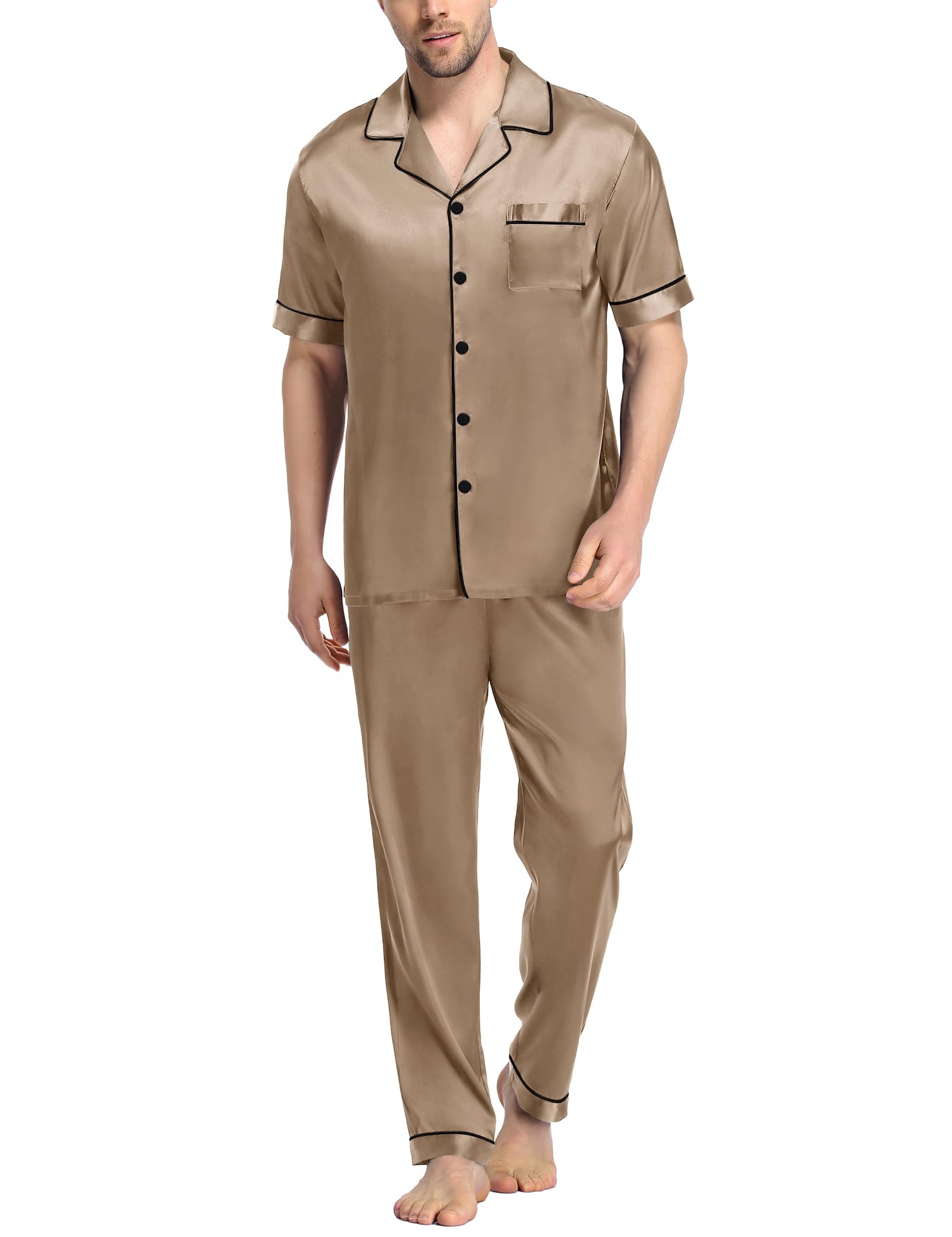 SWOMOG Mens Satin Pajama Set Short Sleeve Classic Sleepwear Button Down Silky Loungewear with Long Pants