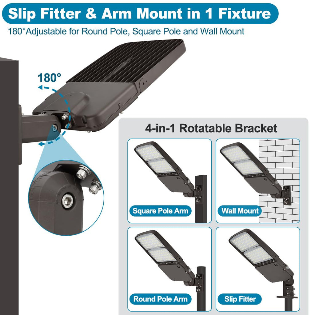 150W LED Parking Lot Light with Photocell, Outdoor Dimmable LED Pole Lights with Slip Fitter & Arm Mount in 1, 22500LM 5000K 100-277V IP65, 150W/100W/80W Power Tunable, ETL