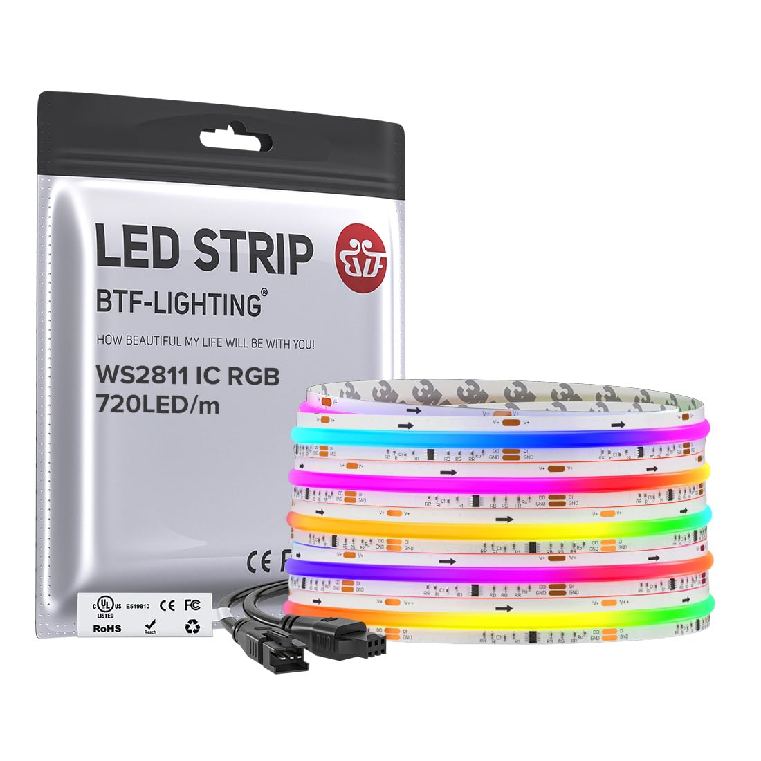 BTF-LIGHTING WS2811 Smart IC RGB FCOB COB LED Strip, UL Listed 630LEDs/m High Density Color Chasing Uniform Light, DC12V 12FT 10mm Width Tape Light for Home Party DIY Decor(No Adapter or Controller)