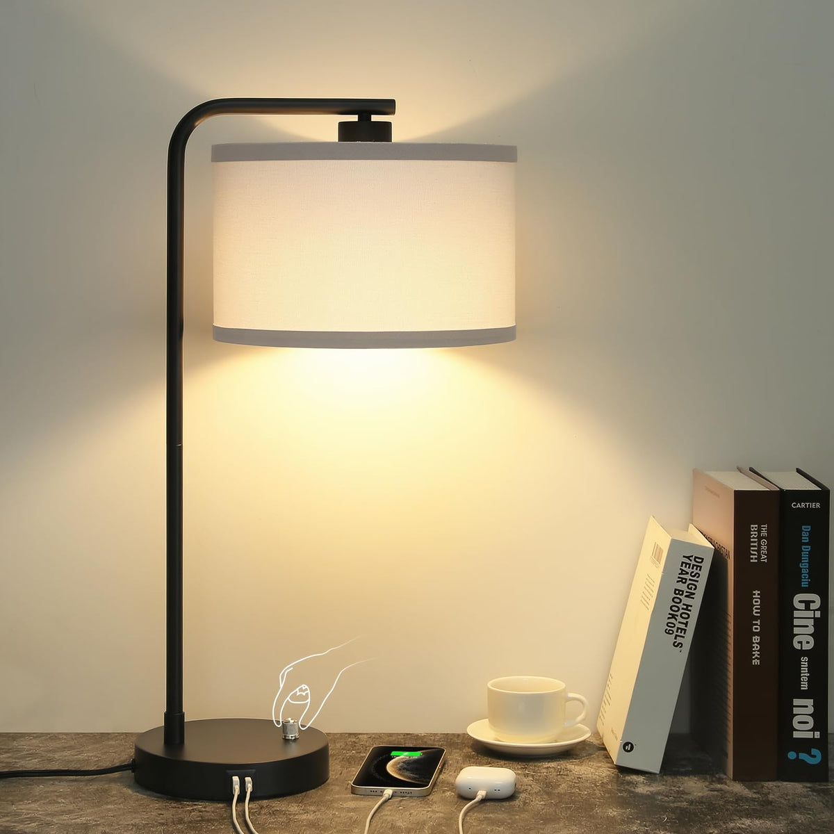 Table Lamps Set of 2, Fully Dimmable Bedside Lamp with USB C+A Charging Ports, Modern Nightstand Lamps with Linen Fabric Shades, Tall Desk Lamp for Bedroom, Living Room, Office, LED Bulb Included