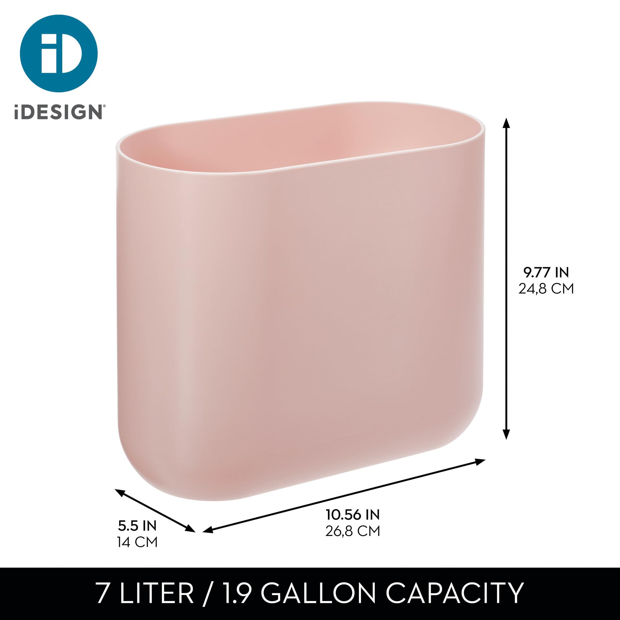 iDesign Small Slim Plastic Bathroom Trash Can, Black | Garbage Can for Bedroom, Office, Desk, Dorm