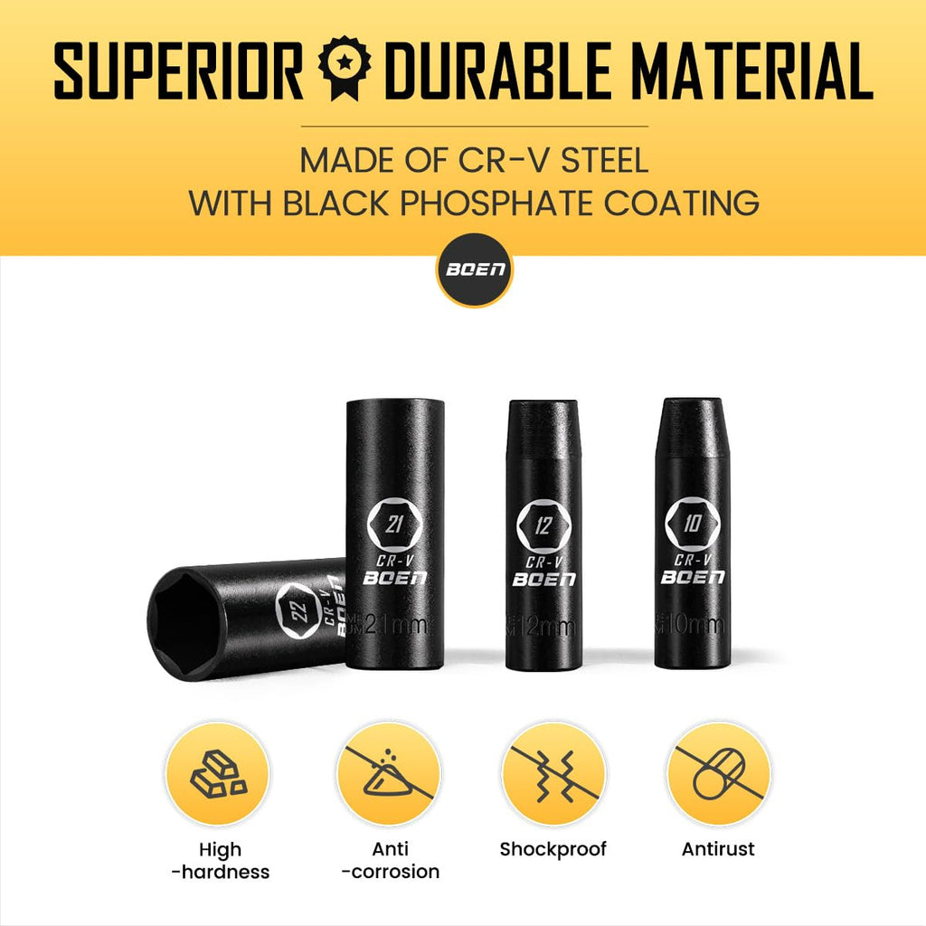 BOEN 1/2" Drive Deep Impact Socket Set, 11 Pieces Socket Set Metric 10-24mm, 6 Point Design, Cr-V Steel, Laser Marking, Durable Storage Case, Meets ANSI Standards