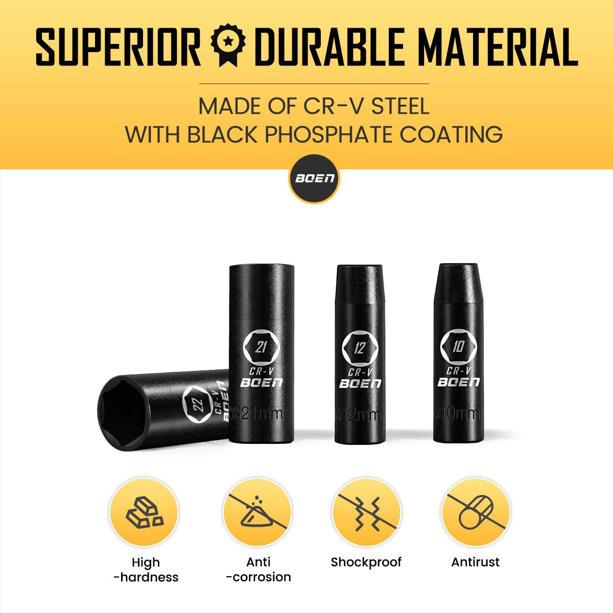 BOEN 1/2" Drive Deep Impact Socket Set, 11 Pieces Socket Set Metric 10-24mm, 6 Point Design, Cr-V Steel, Laser Marking, Durable Storage Case, Meets ANSI Standards