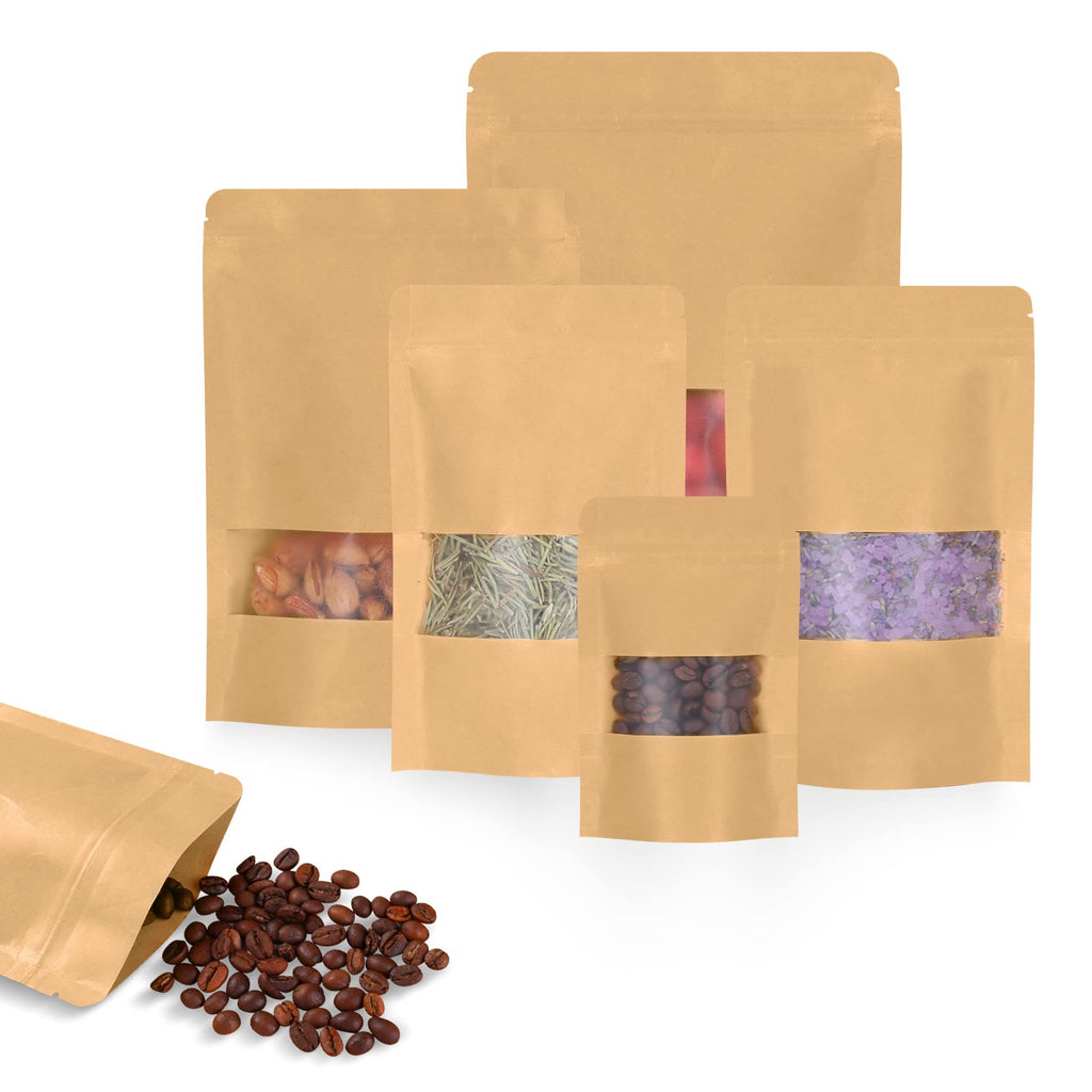 50pcs Kraft Bags with Window 3.5x5.5 Inches Brown Reusable Sealable Zip Lock Food Storage Stand up Paper Pouches for Home or Business