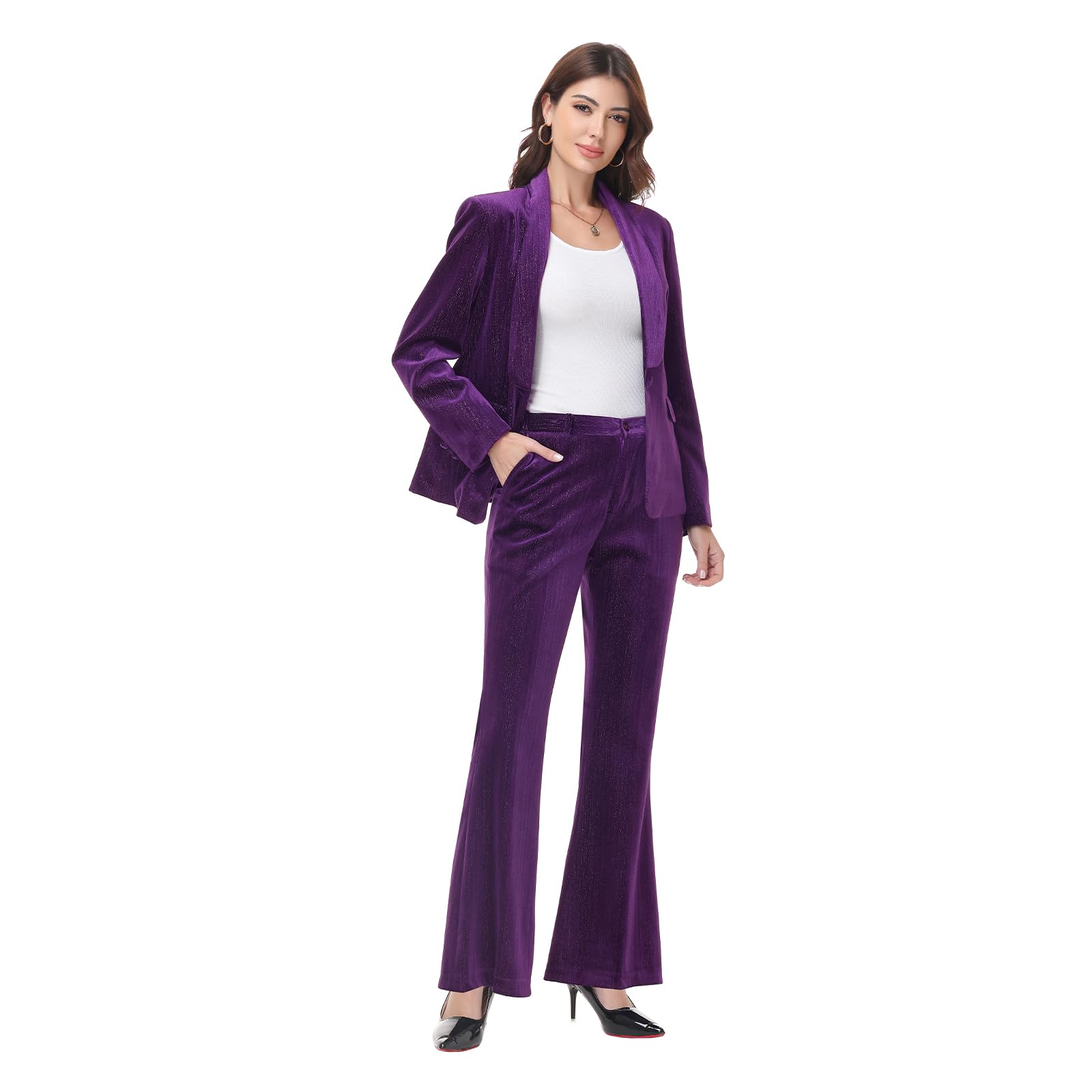 Lamgool Women Pantsuit Dressy Silver Thread Velvet 2 Piece Suit Set Blazer and Flared Pants