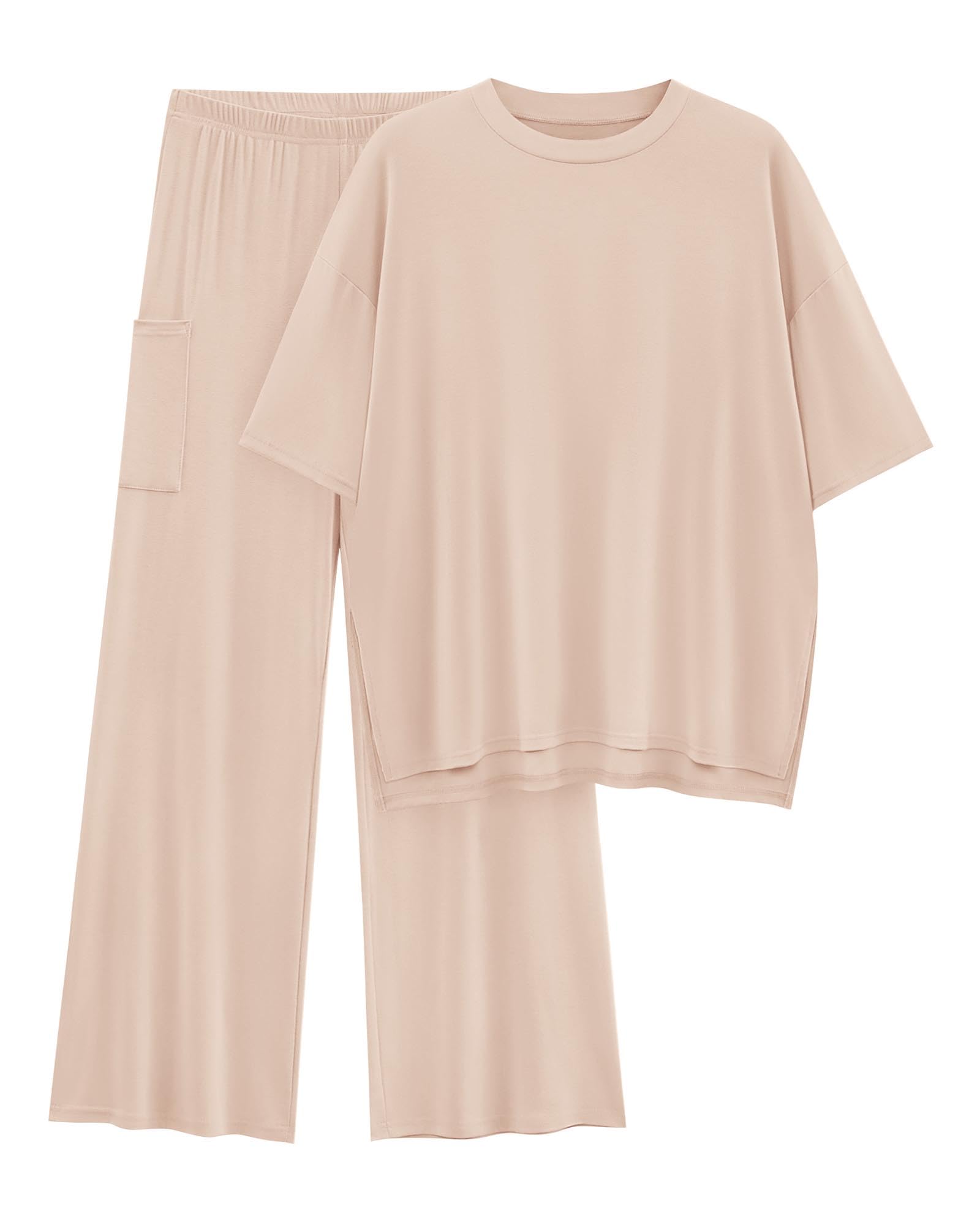 KIRUNDO 2 Piece Lounge Sets for Women Airport Travel Vacation Outfits Summer Casual Loose Short Sleeve Tops & Wide Leg Pants
