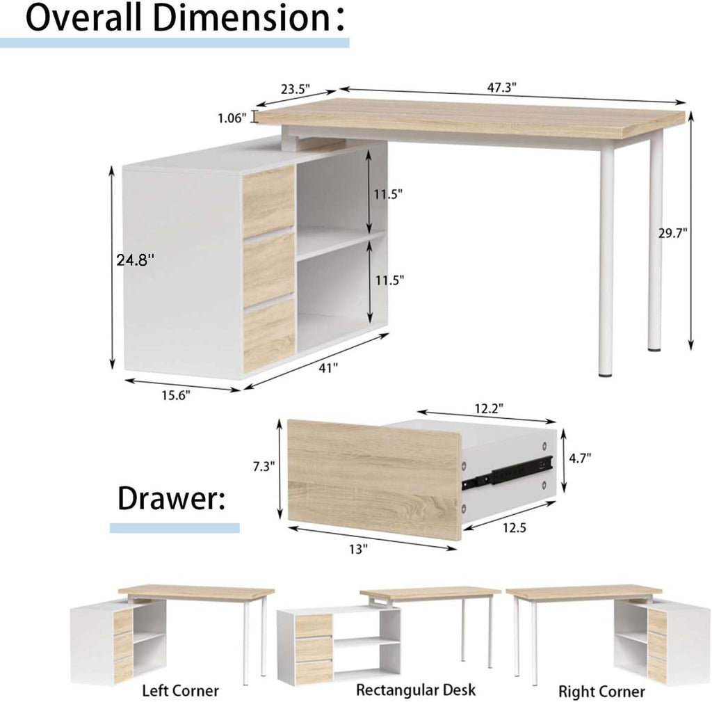 Bobve L Shaped Computer Desk, 47 Inch Home Office Desk with File Drawers & Storage Shelves, Small Corner Computer Desk for Small Space (Black + White)
