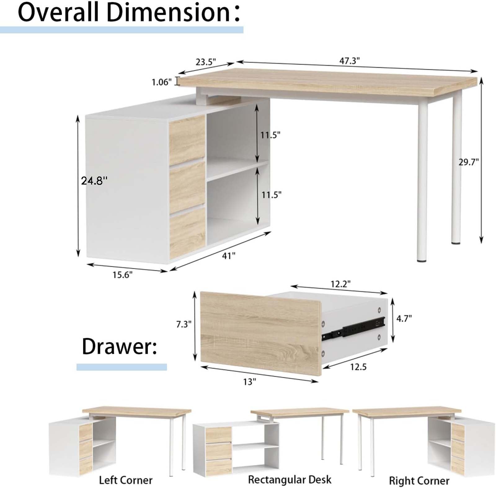 Bobve L Shaped Computer Desk, 47 Inch Home Office Desk with File Drawers & Storage Shelves, Small Corner Computer Desk for Small Space (Black + White)