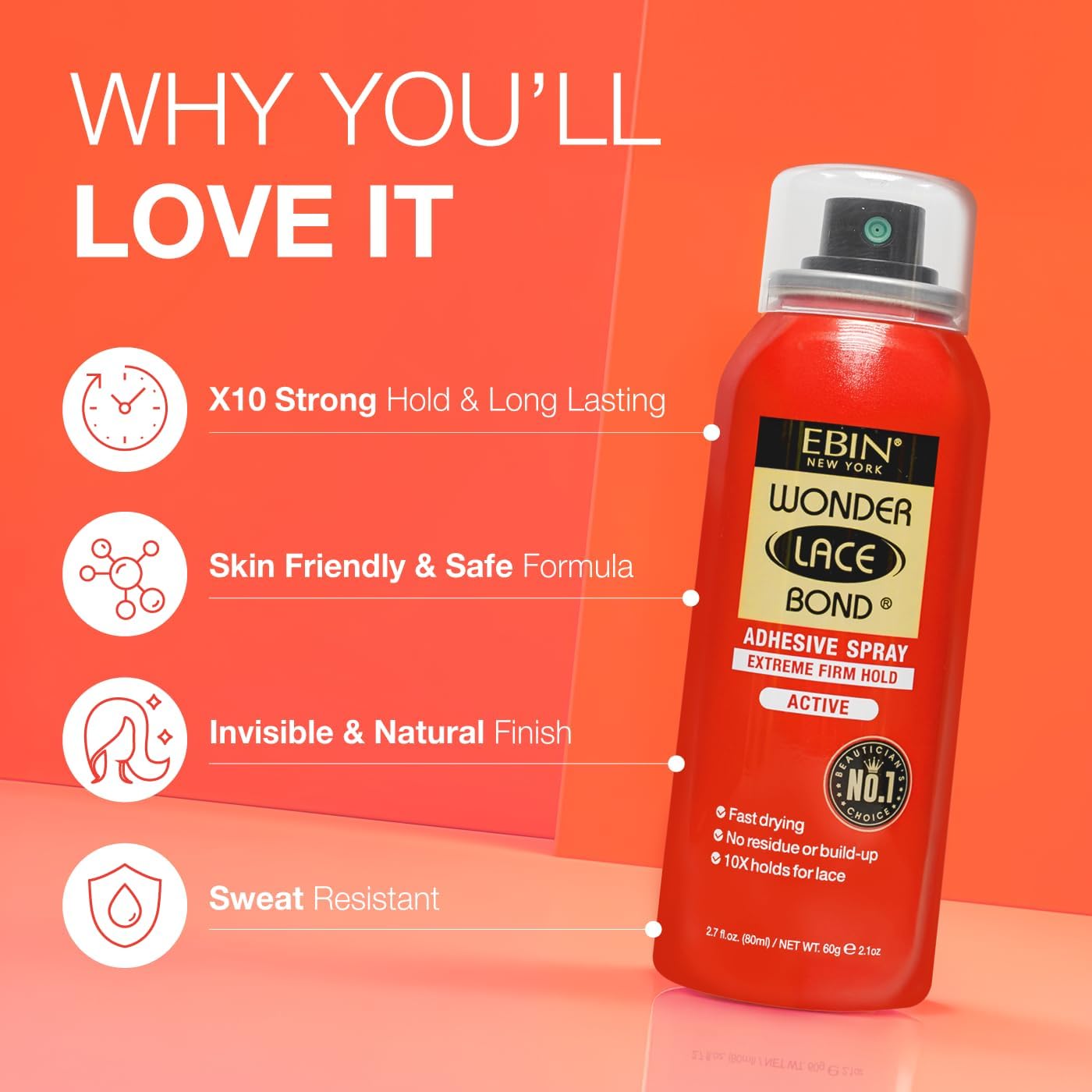 EBIN NEW YORK Wonder Lace Bond Adhesive Spray - Extreme Firm Hold 2.7oz/ 80ml| Active Use, Fast Drying, No Residue, No Build-up, All-day Powerful Hold, Easy Daily Wig Install