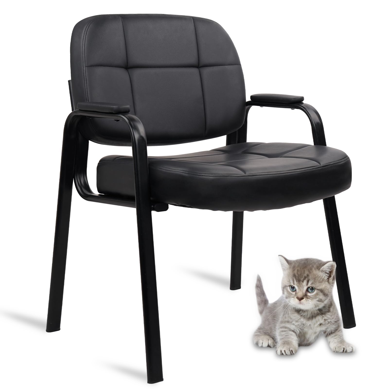 CLATINA Big & Tall 500 lbs Leather Office Reception Chair No Wheels with Padded Arms, Waiting Room Guest Chair for Elderly Home Desk Conference Room Lobby Side Salon Clinic, Black