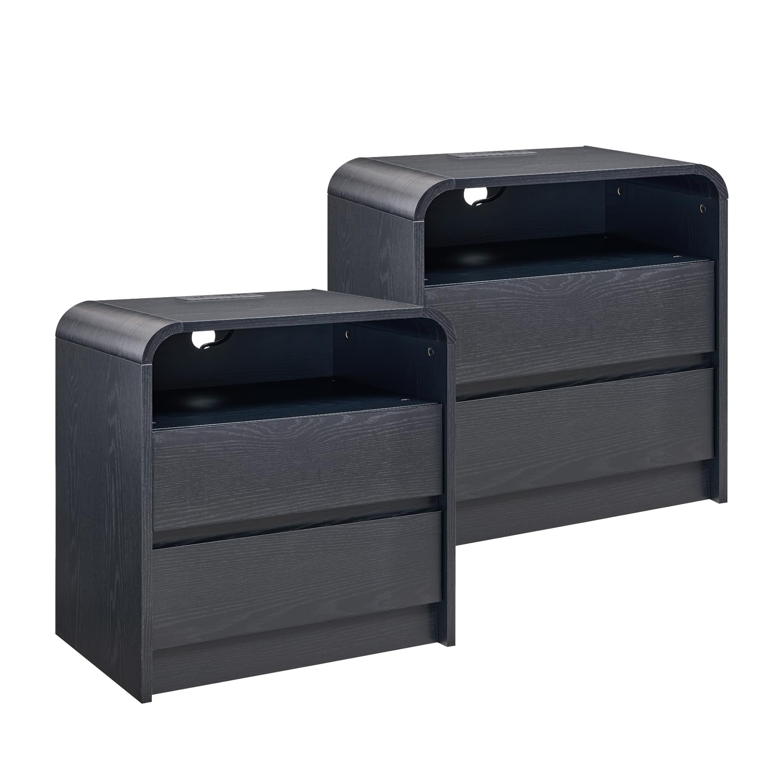 Aitjunz 25" Tall Modern Nightstand with Charging Station, 23.6'' Wide Wood Bedside Table w/2 Storage Drawers, Large Mid Century End Table for Bedroom, Living Room, Curved Profile Design, Black