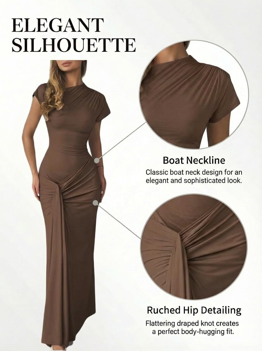 Mojessy Women Bodycon Maxi Dress Sexy Mock Neck Lace Up Bandage Ruched Short Sleeve Long Dress Cocktail Dress