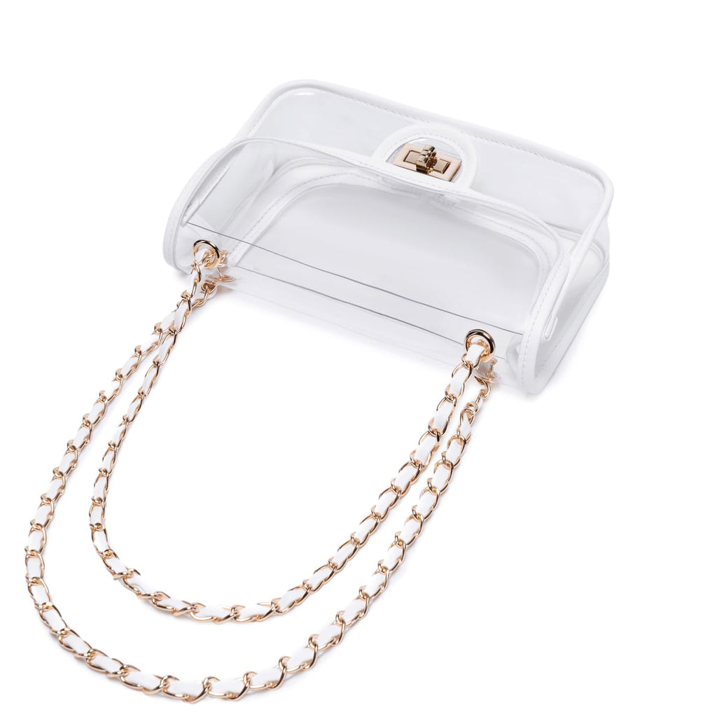 Womens PVC Clear Purse Handbag with Chain Stadium Approved Clear Bag See Through Bag for Working and Concert