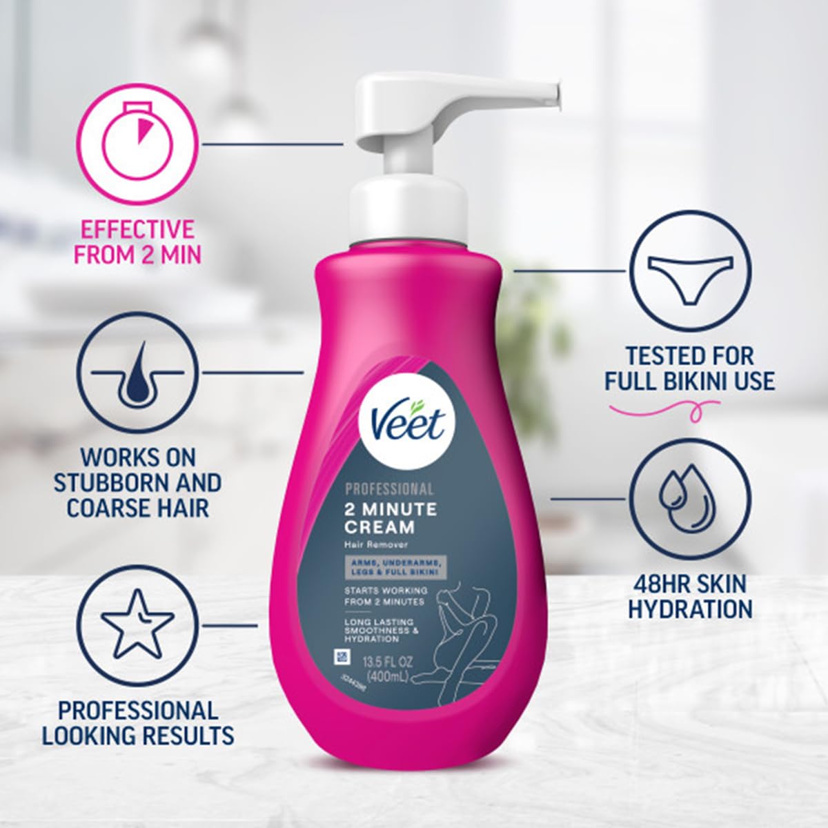 VEET Professional 2 Minute Cream for All Skin Types with Shea Butter, Effective Full Bikini & Pubic Hair Removal, Dermatologically Tested, 13.5 FL OZ Bottle w/Spatula