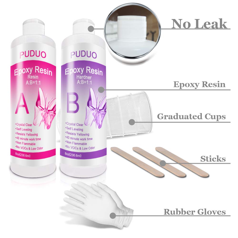 Puduo Epoxy Resin Kit 1.1Gallon，Newly Formulated Crystal Clear Epoxy Resin，Strong, Bubble-Free, Anti-Yellowing Art Resin that，Suitable for Casting, DIY, Resin Art, Molds, Easy to Mix 1:1 Ratio