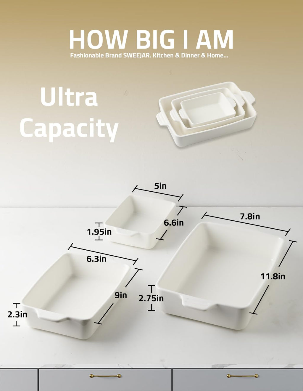 Sweejar Ceramic Bakeware Set, Rectangular Baking Dish for Oven Lasagna Pans for Cooking, Kitchen, Cake Dinner, Banquet and Daily Use, 11.8 x 7.8 x 2.76 Inches of Casserole Dishes (Beige)