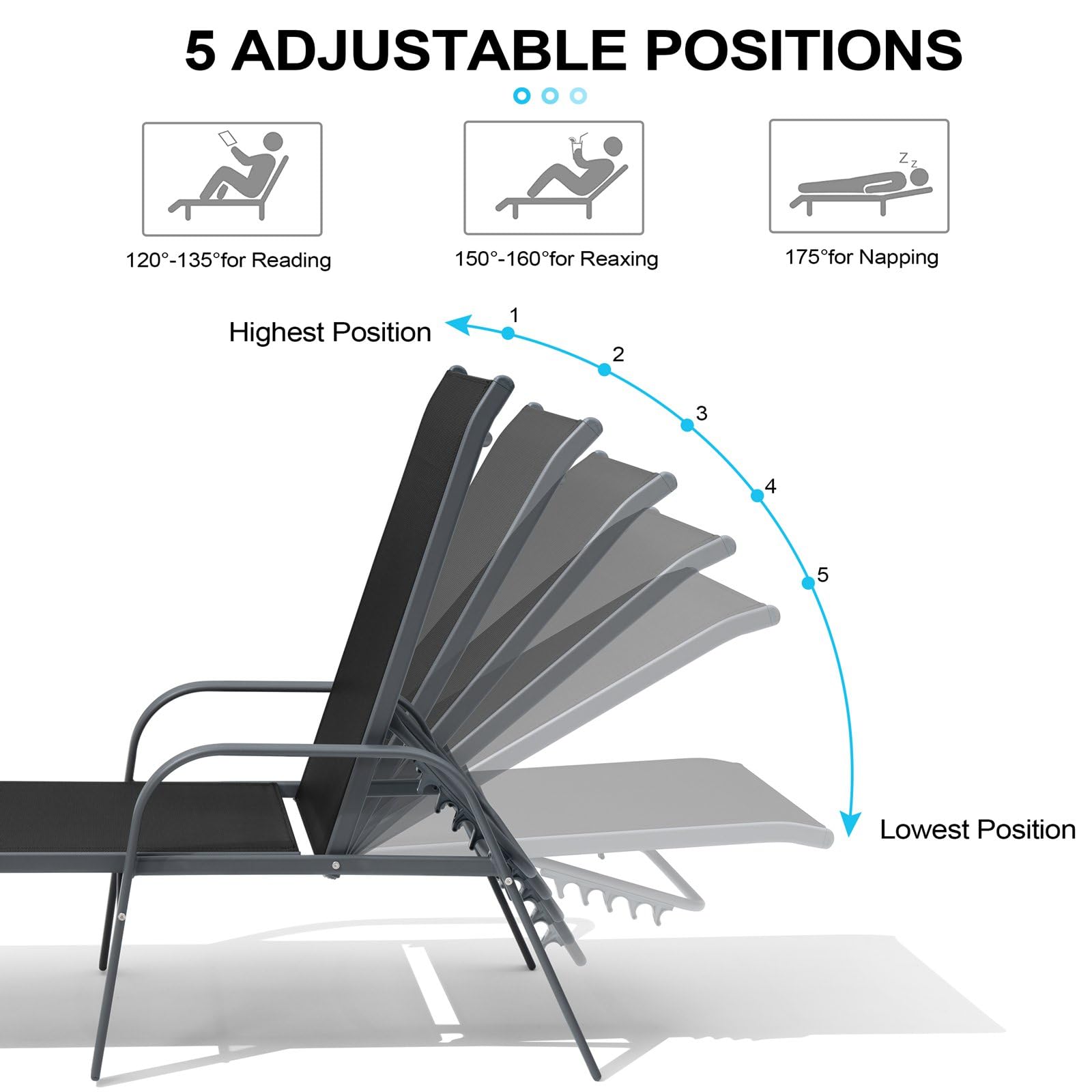 Crestlive Products Chaise Lounge Chair Outdoor with Armrests, Pool Lounge Chairs Set of 2, Aluminum Adjustable 5 Positions Sun Tanning Lounger for Patio, Poolside, Yard, Deck, Backyard (Beige)
