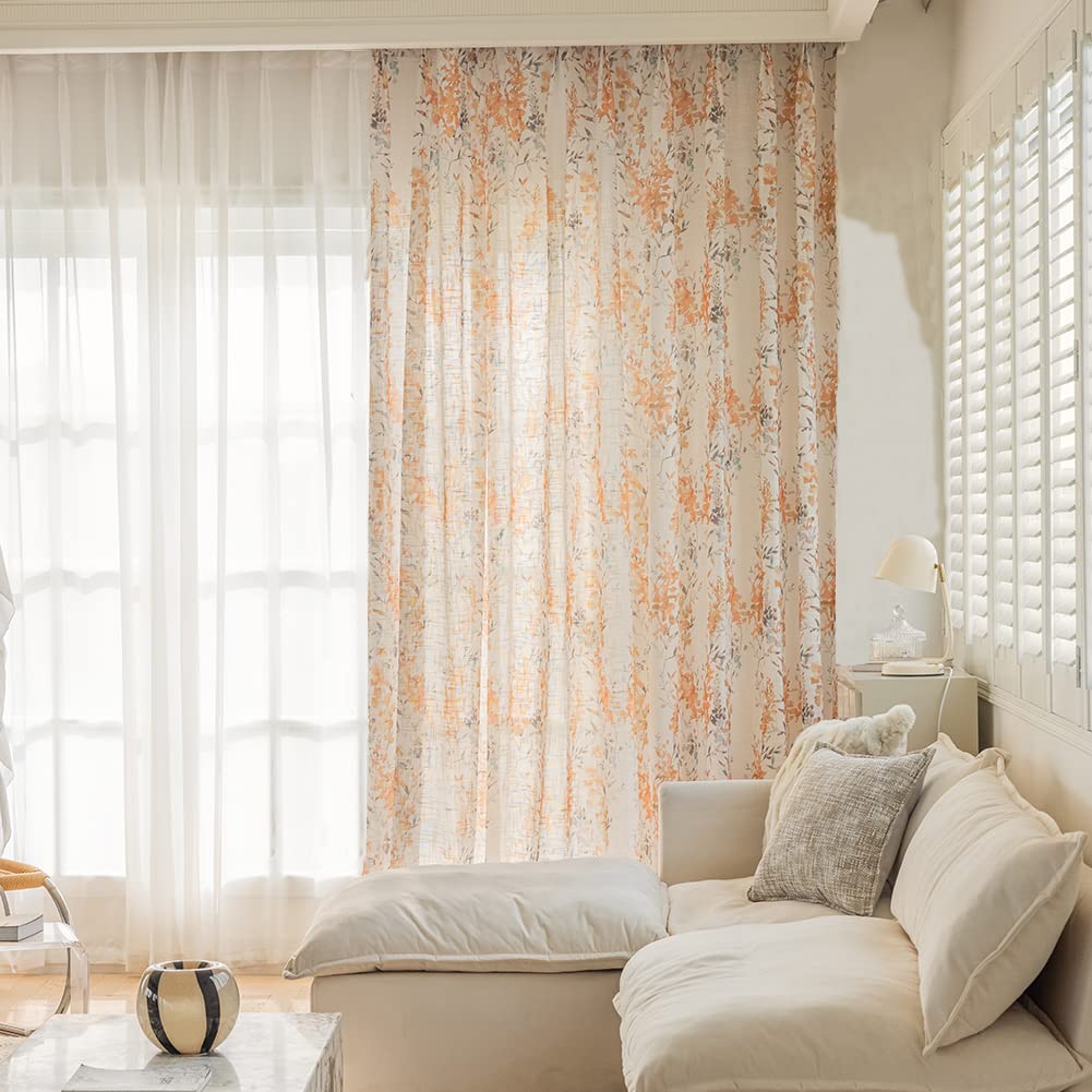 SUOUO Blue Leaf Semi Sheer White Curtains for Bedroom Dining Living Room Linen Textured 84 inches Long Rod Pocket Boho Window Drapes 2 Panels