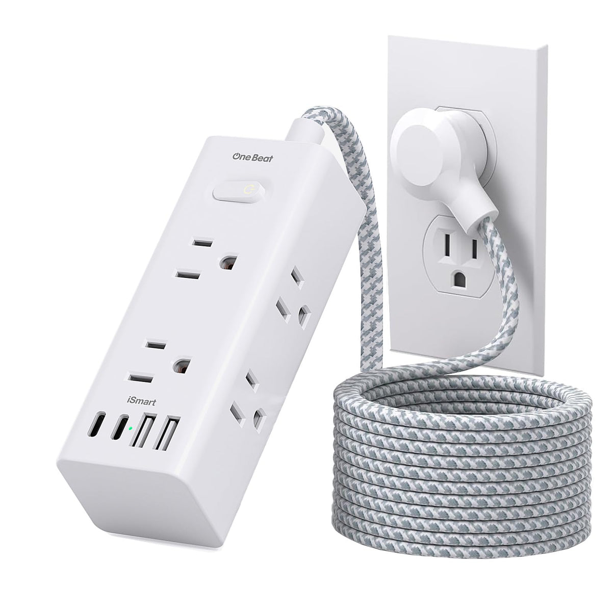 One Beat Short Extension Cord 1Ft, Flat Plug Power Strip Surge Protector - 6 Widely Outlets with 4 USB Ports (2 USB C), Wall Mount Small Power Strip for Travel, Home Office College Dorm Essentials