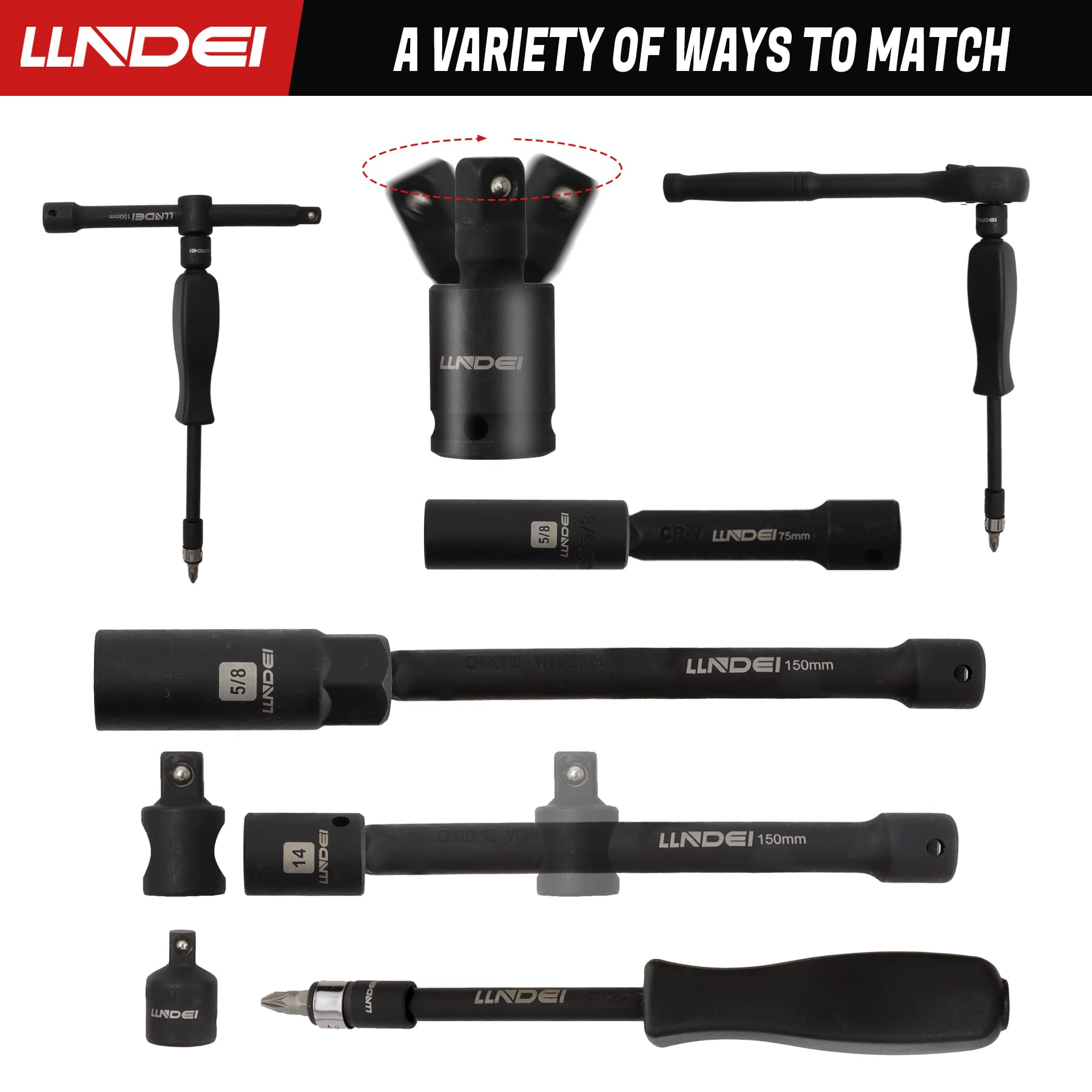LLNDEI 1/2 inch Drive Deep Impact Socket Set, 37 Piece Standard SAE 3/8" to 1-1/4" | Metric 8 to 24mm, Includes Spark Plug Socket (16, 21mm), CR-MO Universal Joint, Extension Bars and Adapter