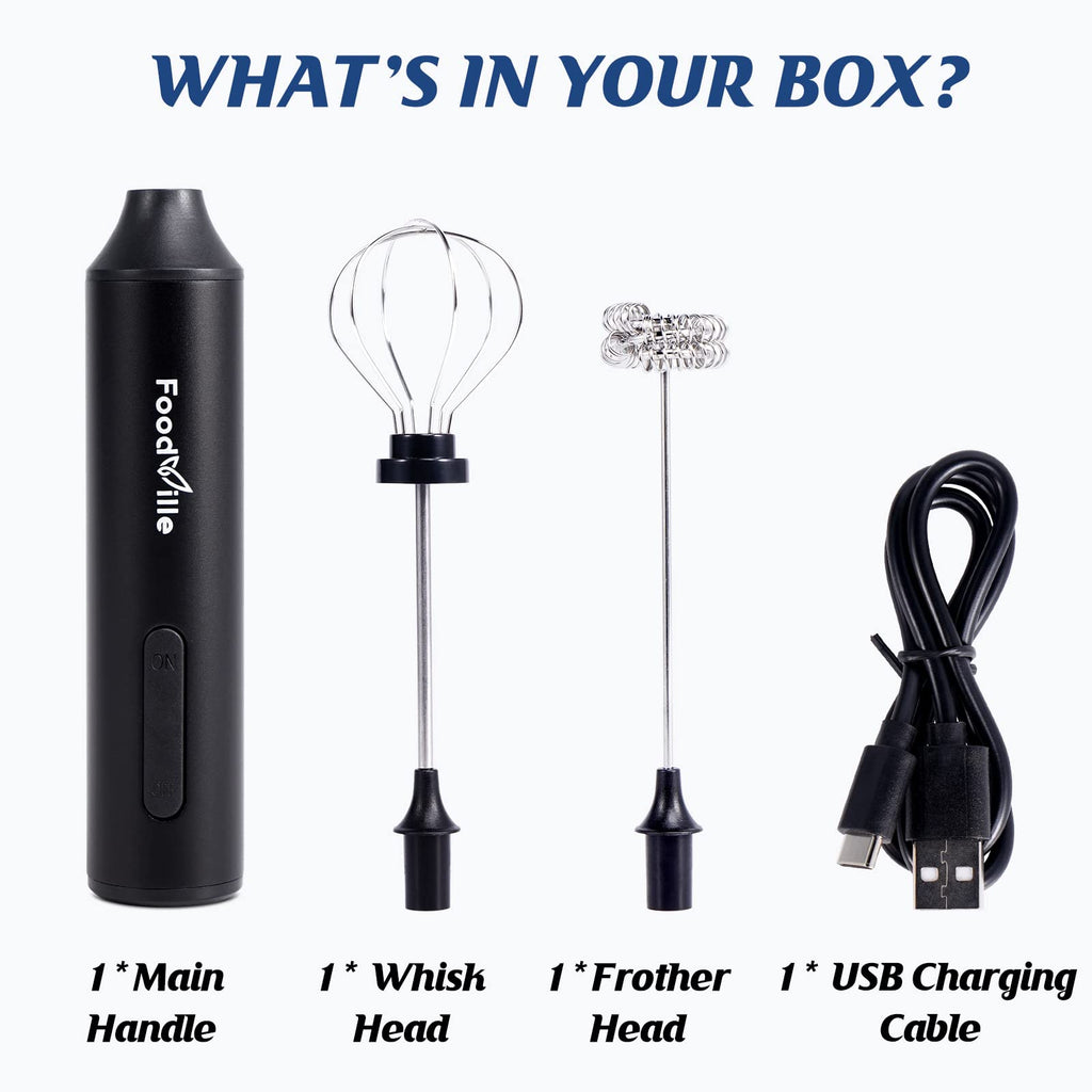 FoodVille MF05 Rechargeable Milk Frother USB Charging Handheld Foam Maker with Stainless Balloon Whisk for Cappuccino, Latte, Bulletproof Coffee, Keto Diet, Protein Powder, Matcha (Black)