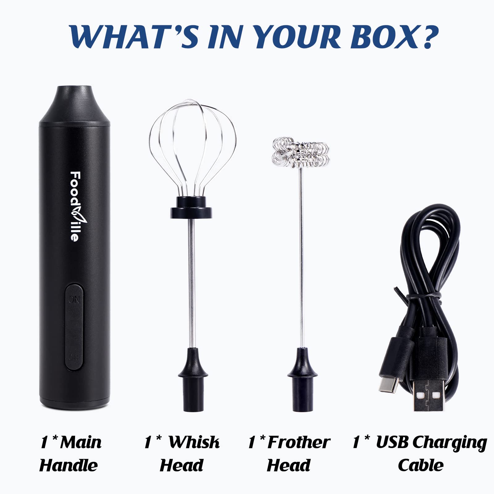 FoodVille MF05 Rechargeable Milk Frother USB Charging Handheld Foam Maker with Stainless Balloon Whisk for Cappuccino, Latte, Bulletproof Coffee, Keto Diet, Protein Powder, Matcha (Black)
