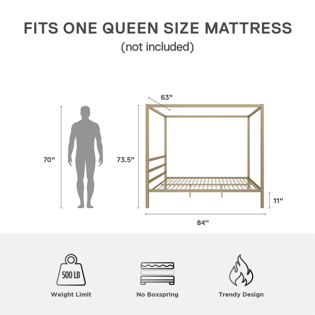 DHP King Metal Canopy Bed, Modern Design with Built-In Headboard, Sturdy Frame, No Box Spring Needed, Gunmetal Gray