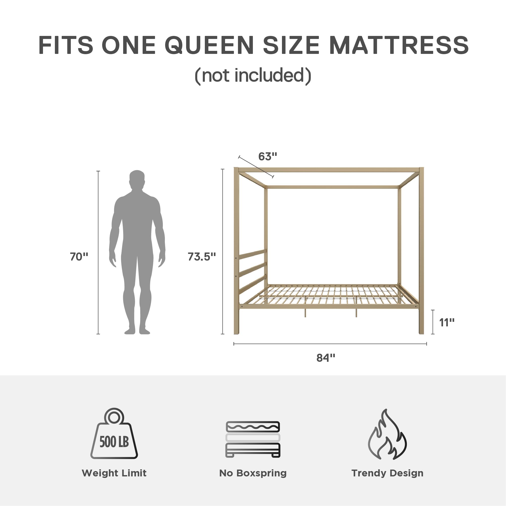 DHP King Metal Canopy Bed, Modern Design with Built-In Headboard, Sturdy Frame, No Box Spring Needed, Gunmetal Gray