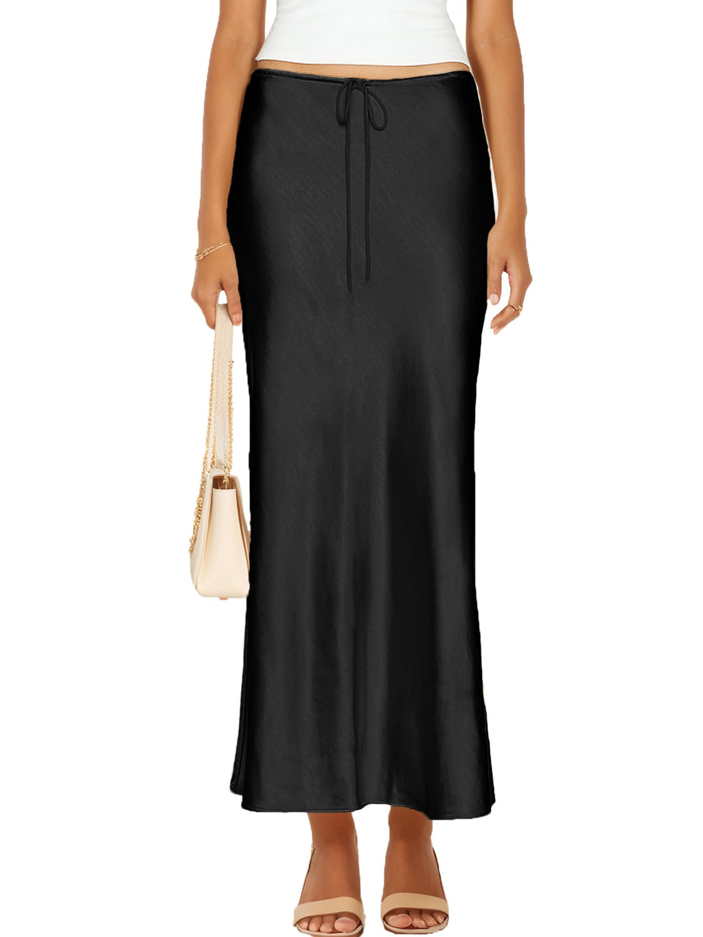 Womens Satin Silk Maxi Skirts Drawstring Flared Casual A-Line Long Skirt for Women