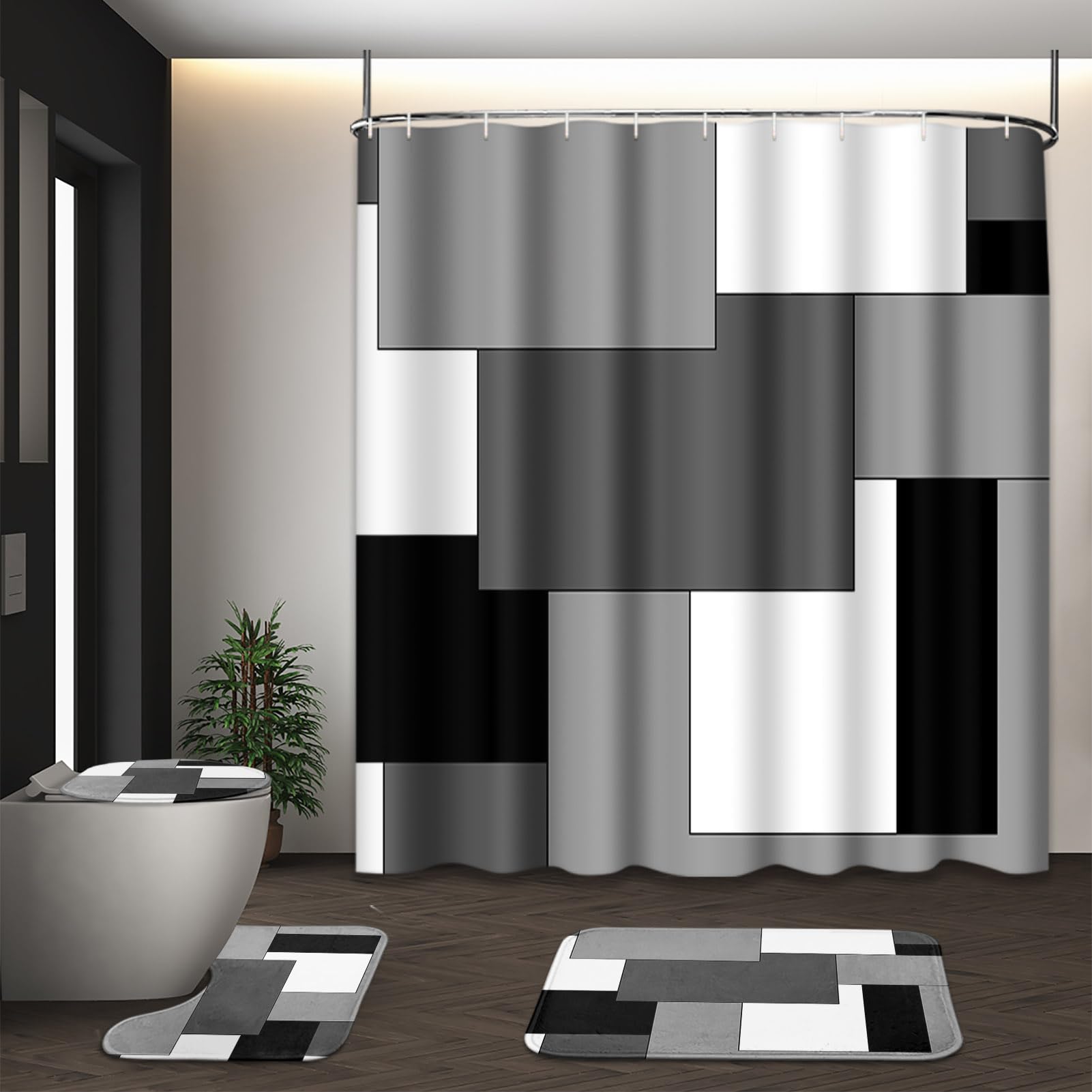 Beige Geometric Shower Curtain Set with Toilet Lid Cover and Non-Slip Rugs for Bathroom, Black Grey White Checkered 4 Pcs Shower Curtain, Modern Abstract Bathroom Set with 12 Hooks