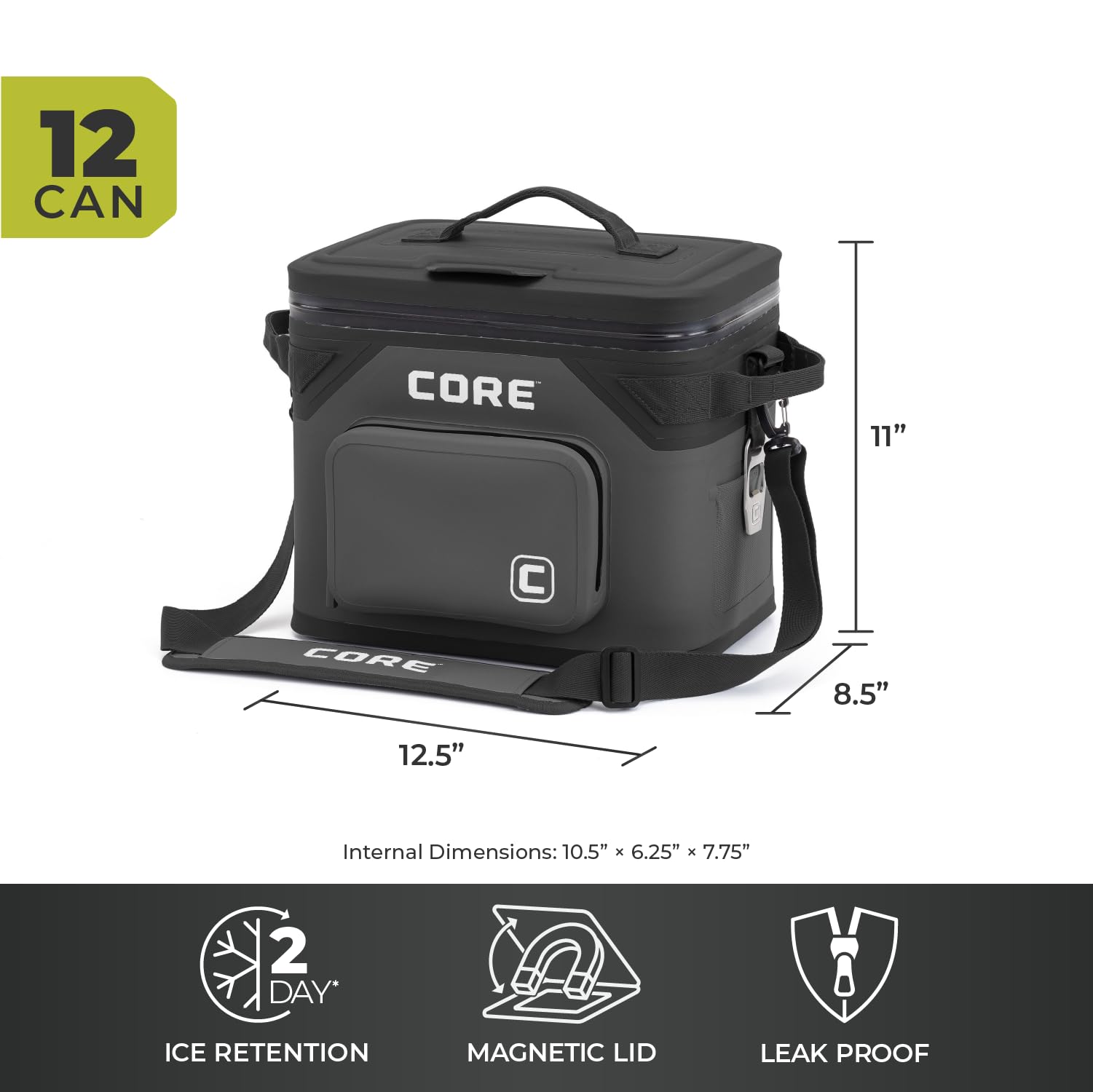 CORE Magnetic Leak Proof Soft Cooler with Waterproof Zipper | Insulated Bag Portable Ice Chest Box | Best Soft Cooler for Food & Beverages for Tailgating, Car Camping, Travel, and Family Beach Picnics