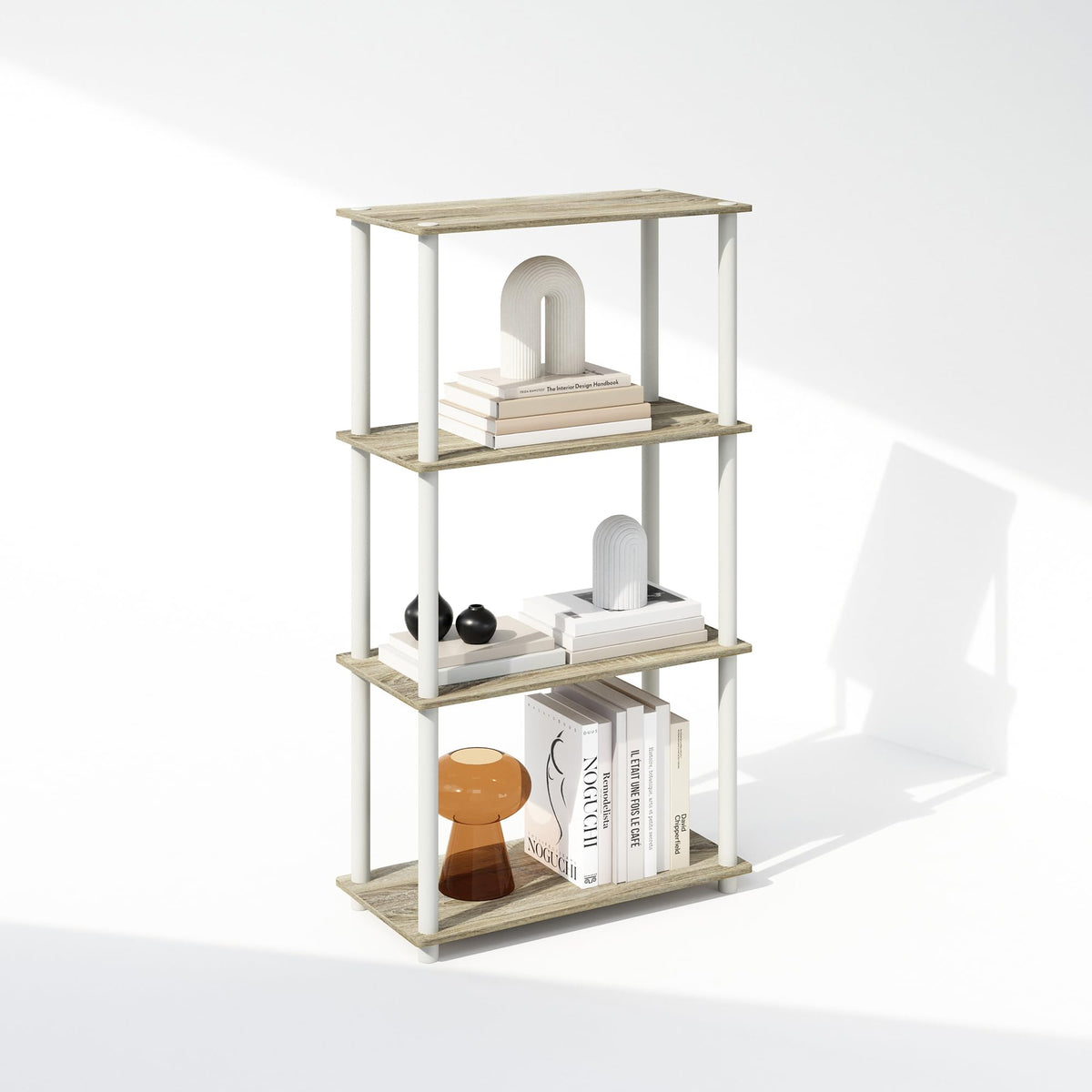 Furinno Turn-N-Tube Book Shelf, 4-Tier Bookshelf, Bookcase with Multipurpose Compact Display Rack, 11.6 x 23.6 x 43.2, for Living Room, Bedroom, Home Office, Americano/Black