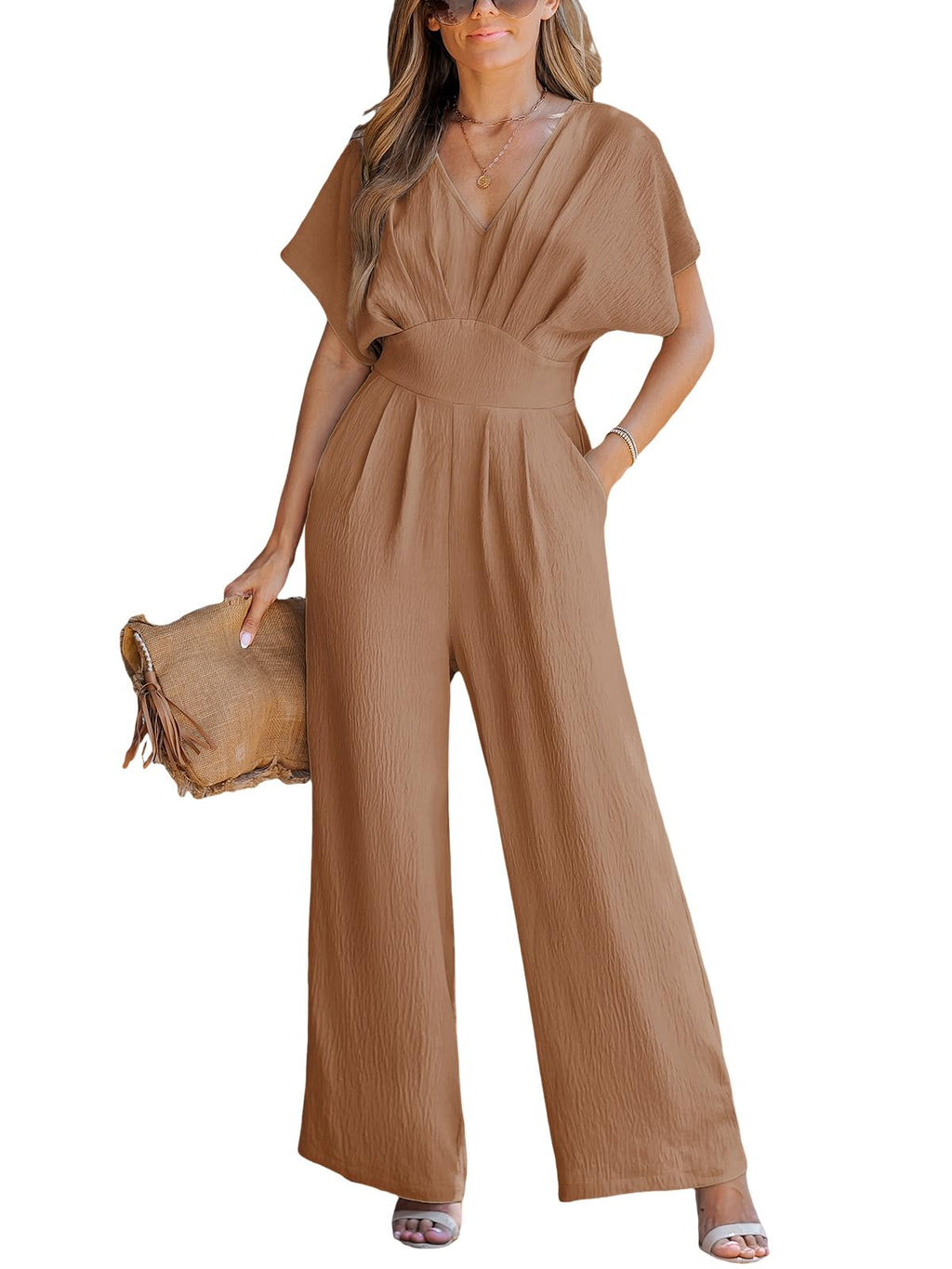 CUPSHE One Piece Jumpsuits for Women Casual Summer V Neck Batwing Sleeve Wide Leg Elegant Overalls Sexy Vacation Outfits