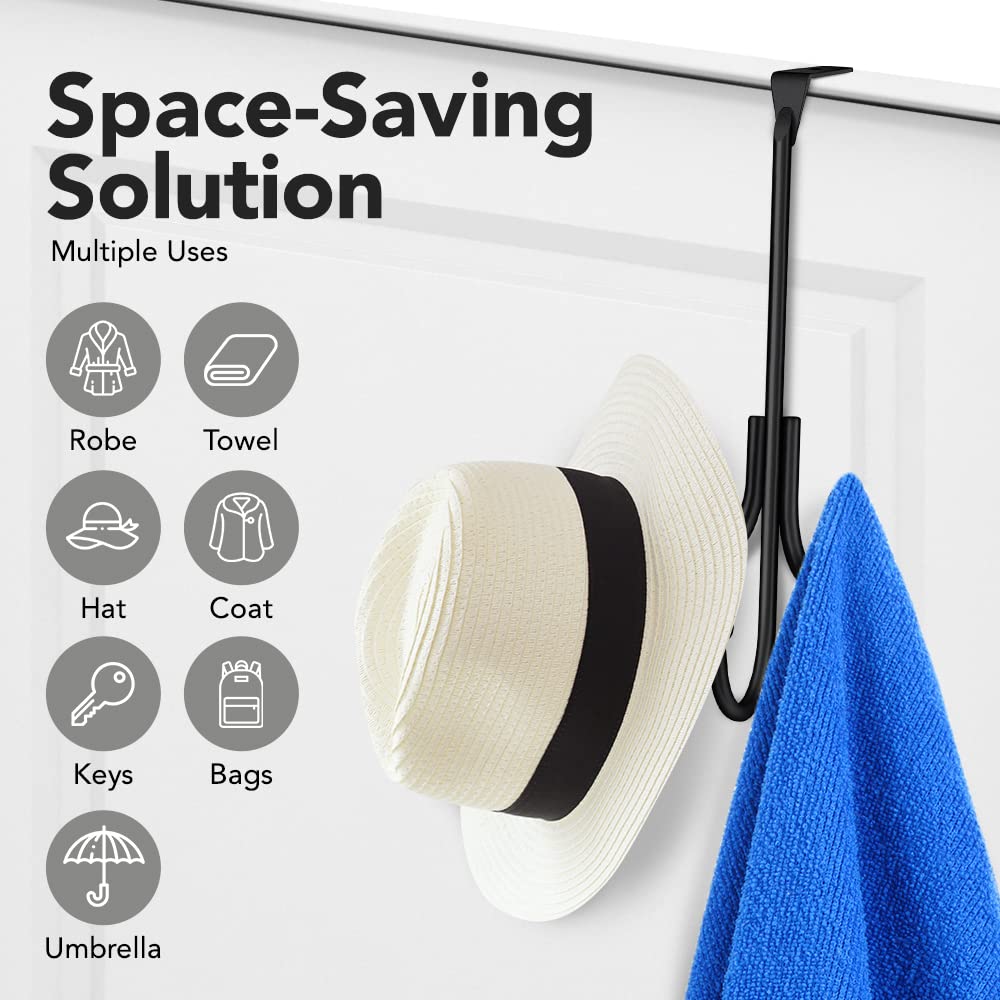 2-Pack Over The Door Hooks - with 2 Hang Heads & Snug Fit Pads Heavy Duty Hook for Hanging Coats, Towels, Caps & Robes - Elegant Matt Finish - No Drill Hanger Organizer - Black