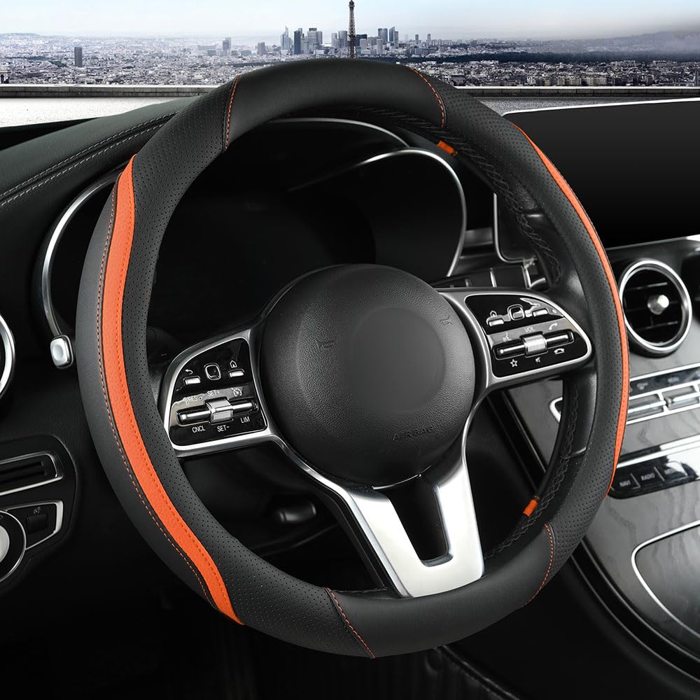 Car Steering Wheel Cover, Leather Steering Wheel Cover Beige Universal 14.5-15 Inch Microfiber Leather Anti-Slip Breathable Auto Steering Wheel Covers for Men Women (Black&Beige)
