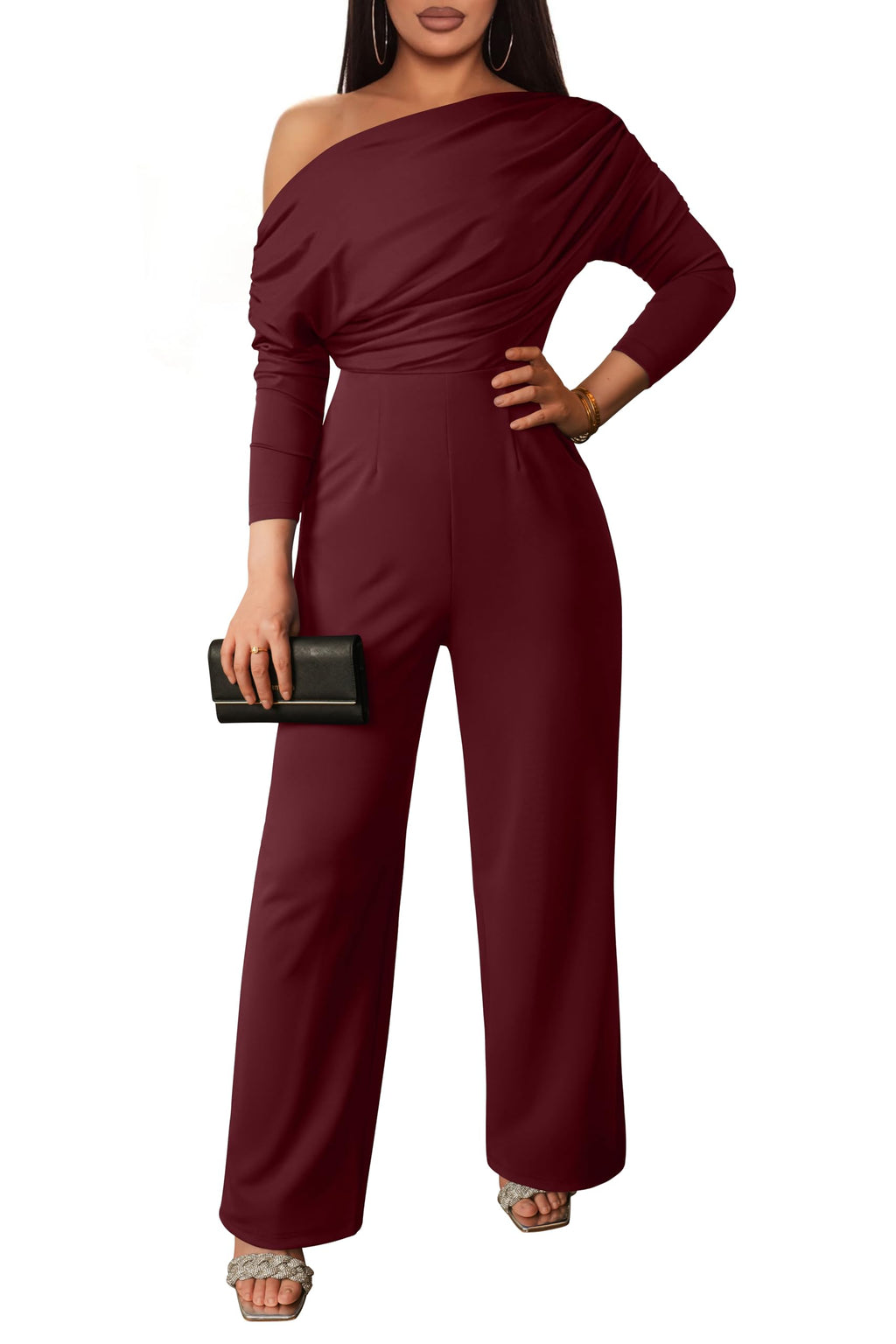YMDUCH Women's Fall Elegant Long Sleeve Off Shoulder Wide Leg Long Pant Jumpsuits