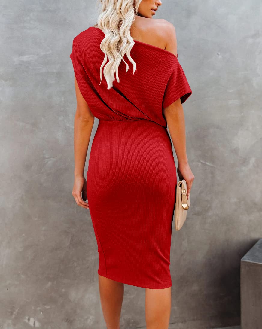 EZBELLE Women's Summer Dress Off The Shoulder Short Sleeve Ribbed Casual Party Bodycon Midi Dresses
