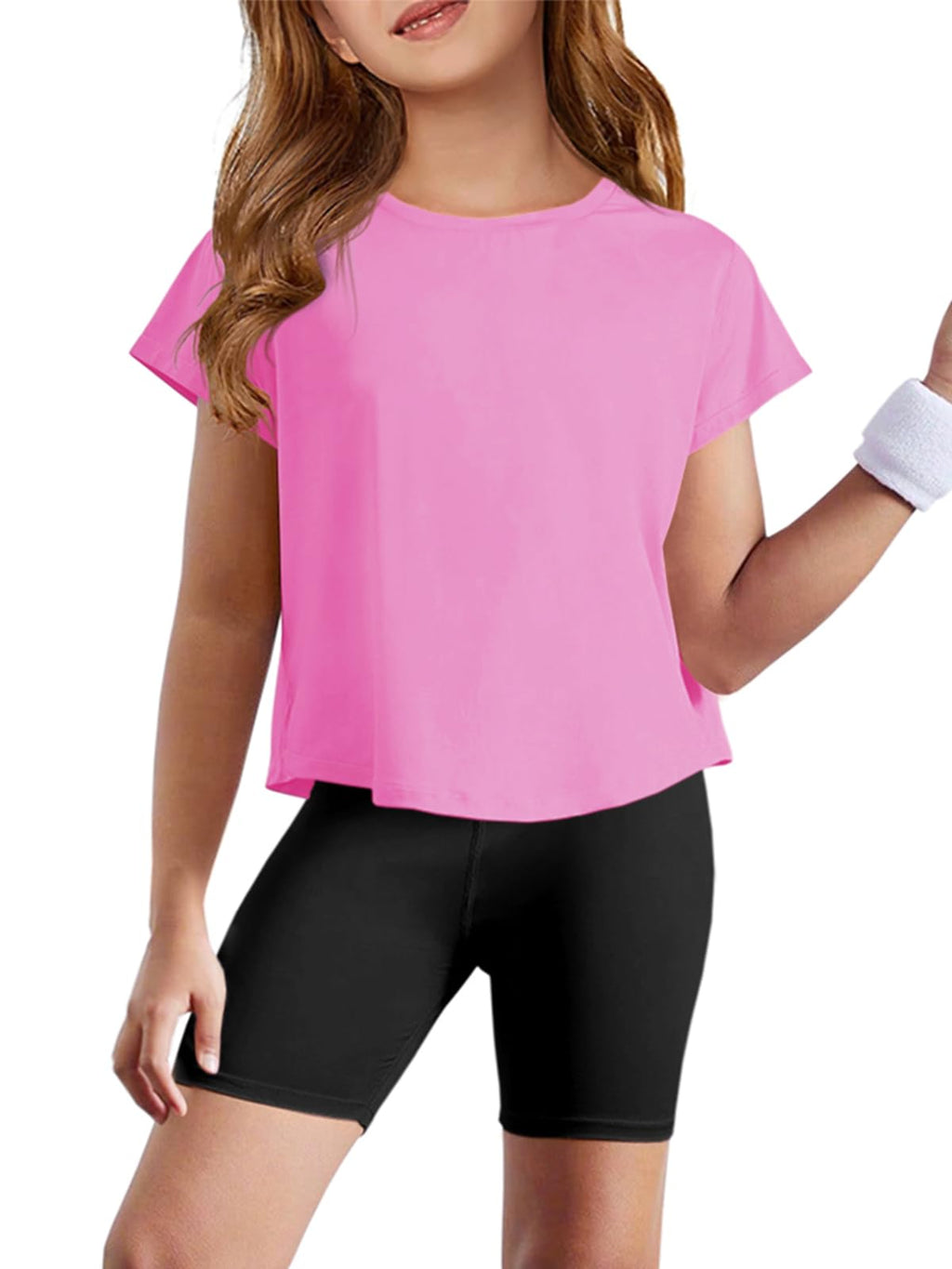 Haloumoning Girls Loose Athletic Shirts Short Sleeve Crop Tops Kids Quick Dry Gym Yoga Tees 5-14 Years
