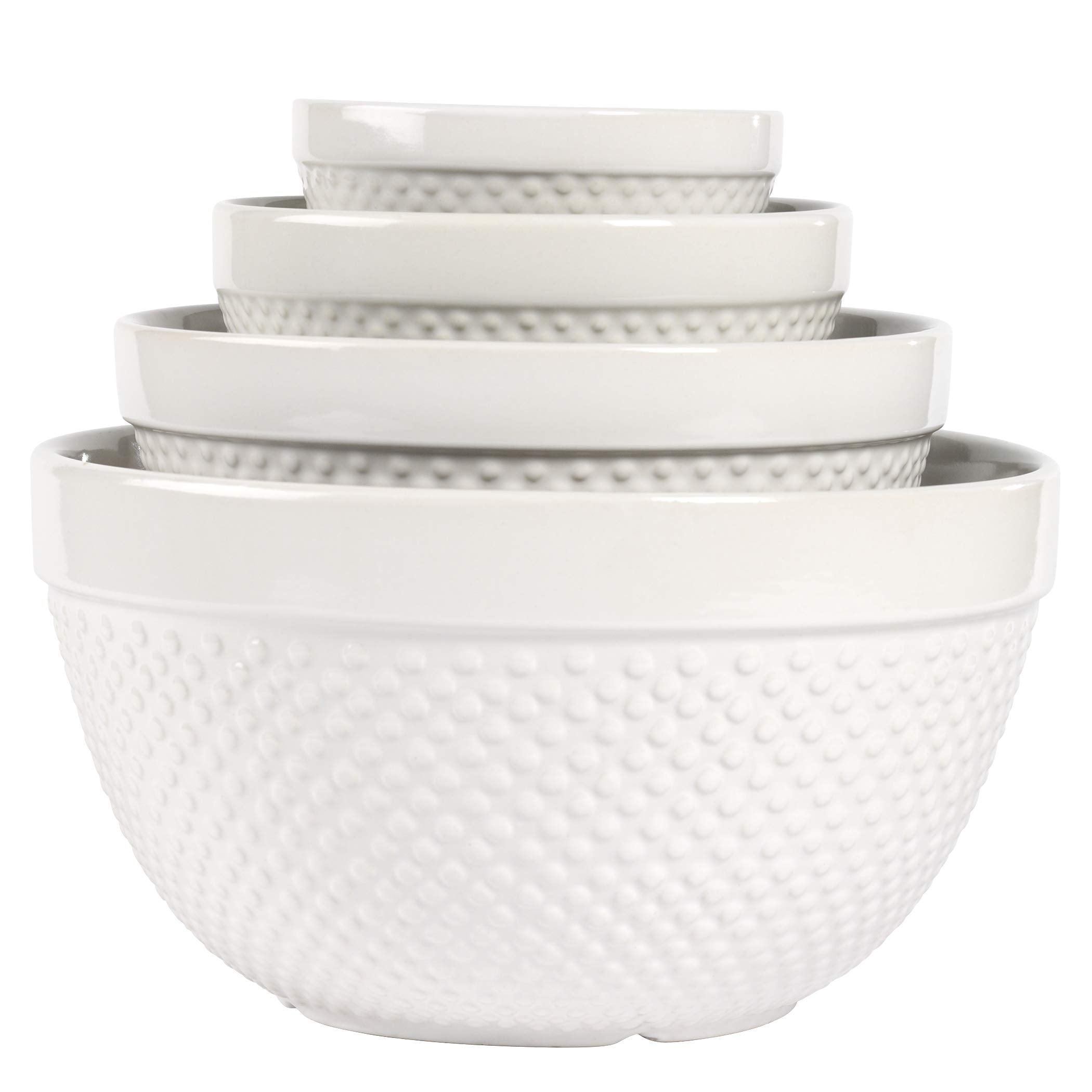 TTU Tabletops Gallery Hobnail Style 4 Piece Timeless Grey Stoneware Nesting Mixing Bowl Set for Baking and Cooking