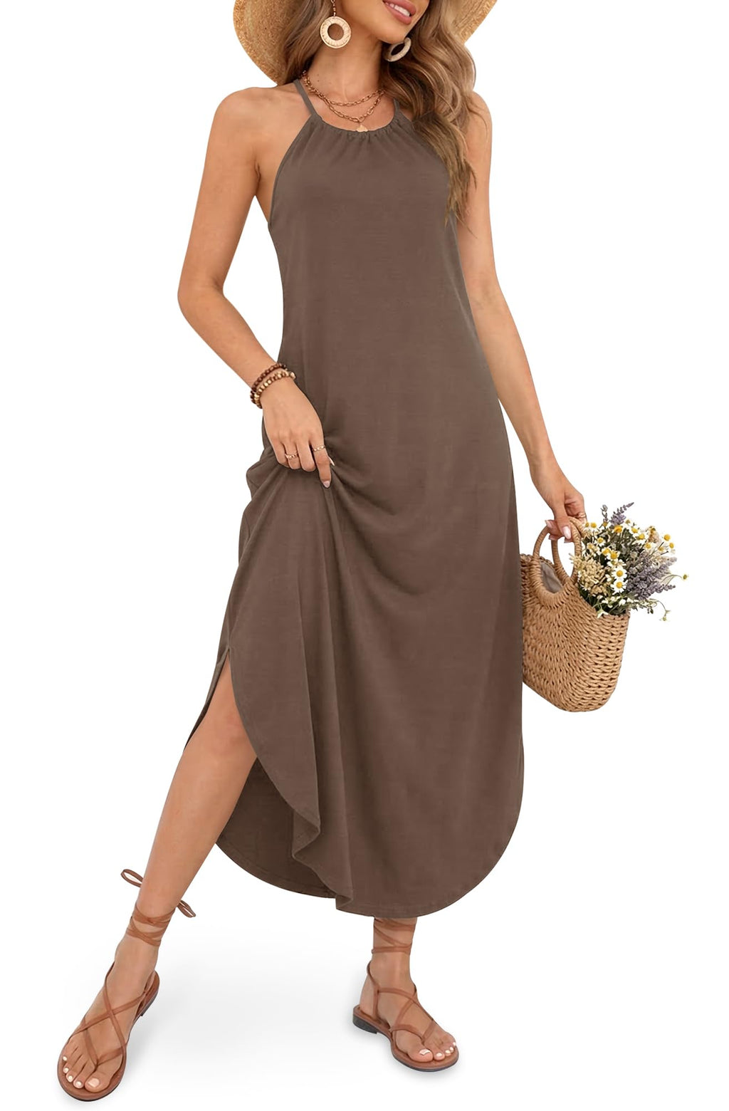 For G and PL Women's Summer Casual Halter Side Slit Maxi Beach Dress Resort Vacation Cruise Wear Sundress
